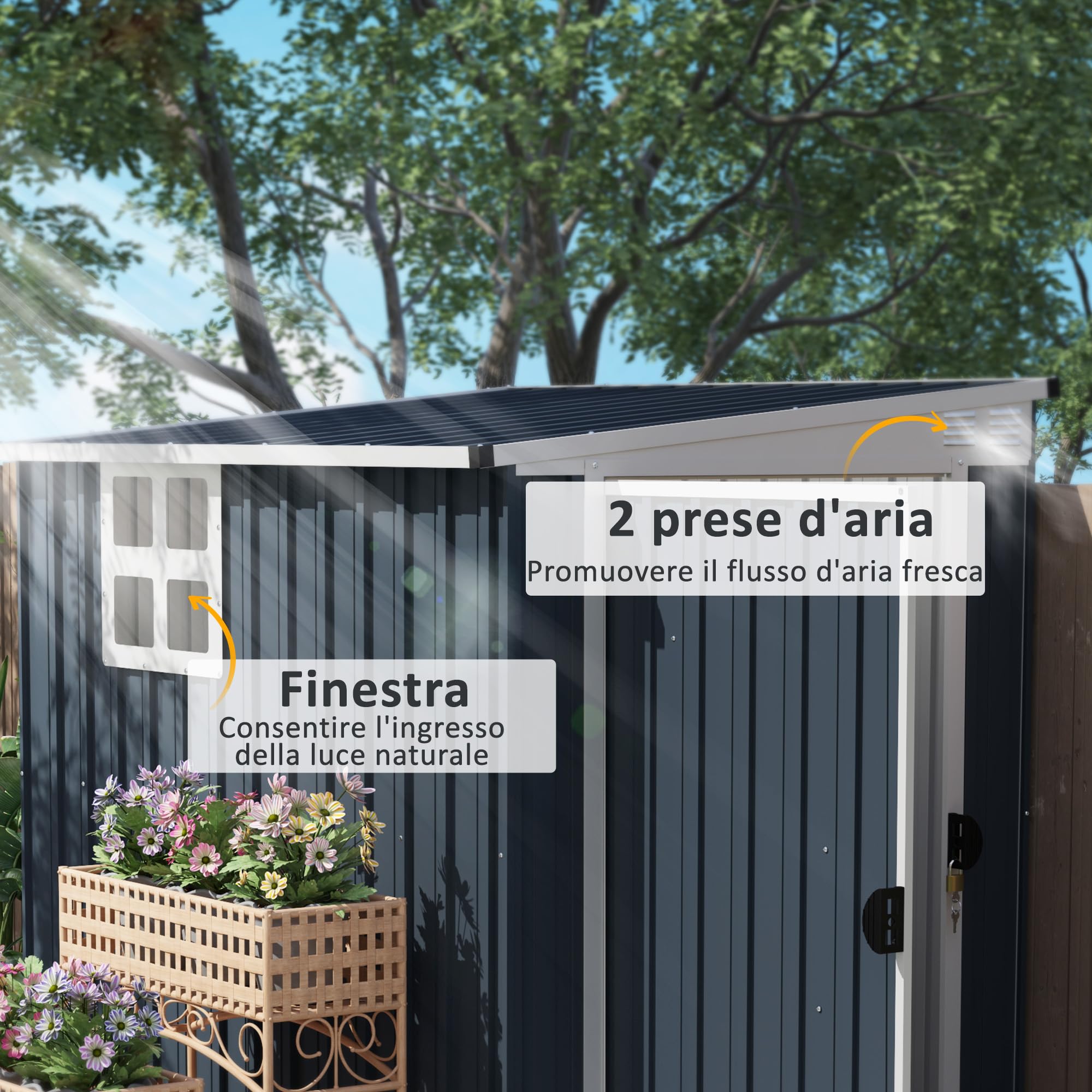 Outsunny Casetta da Giardino 2.6m² in Acciaio Zincato con 2 Prese d'Aria e Finestra Trasparenti, Capanno Porta Attrezzi con Tetto Inclinato, Porta Bloccabile, Impermeabile e Anti UV, Grigio Scuro
