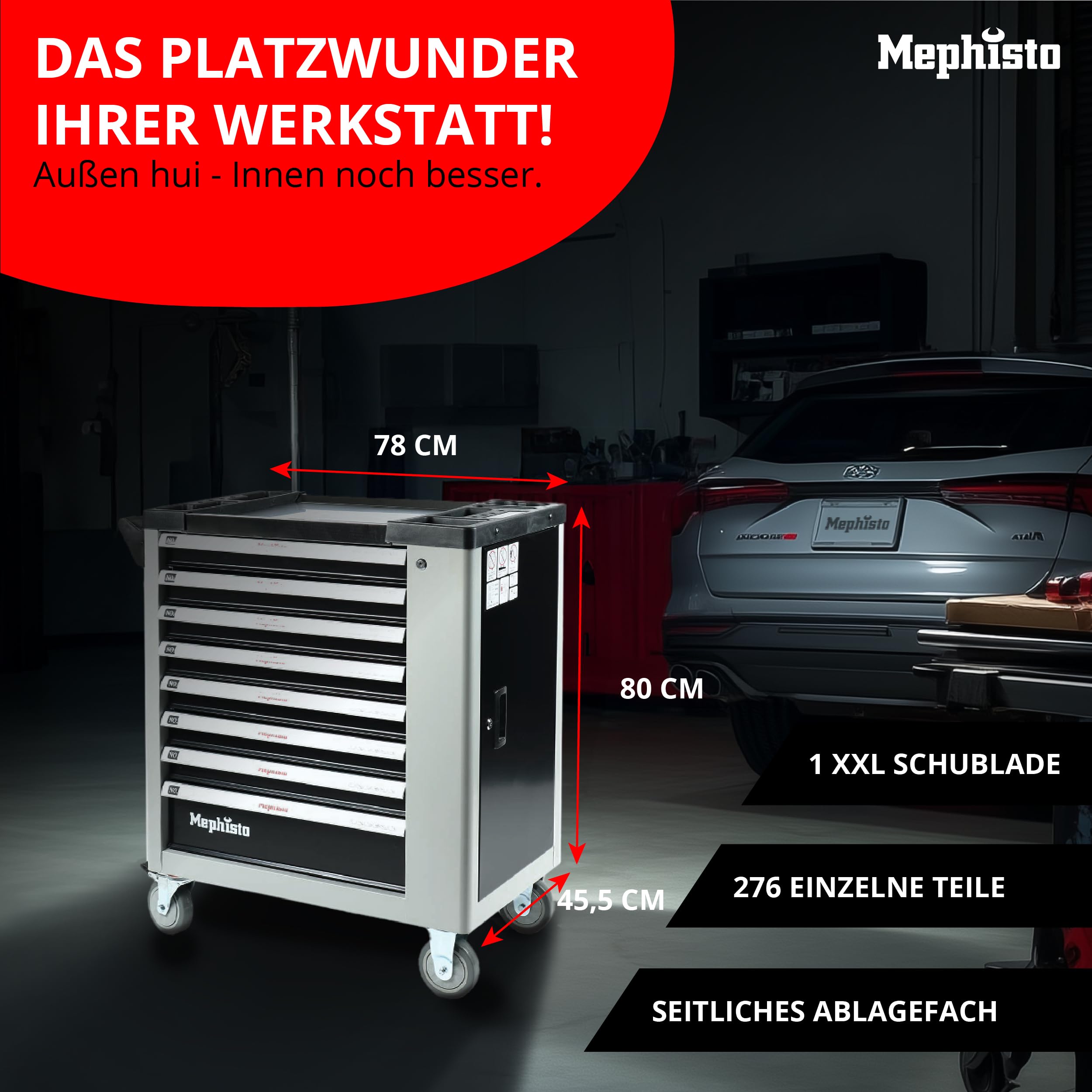 Mephisto Carrello portautensili XXL Carrello da officina con 8 cassetti di cui 7 pieni di utensili come chiavi, cricchetto con scatola di dadi, cacciaviti ecc. con intarsi morbidi in carbon look