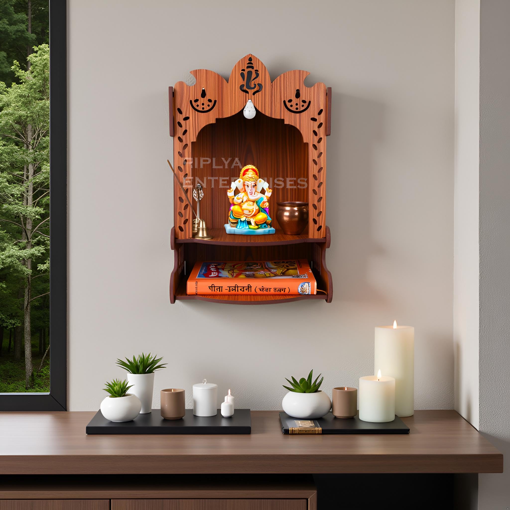 AR WALL Art Wall Mounted Polished Pooja Mandir in Light Finish | Compact Wooden Temple Style_68 for Home & Office (L-10.5 x W-8.25 x H-14.25 Inch) 4