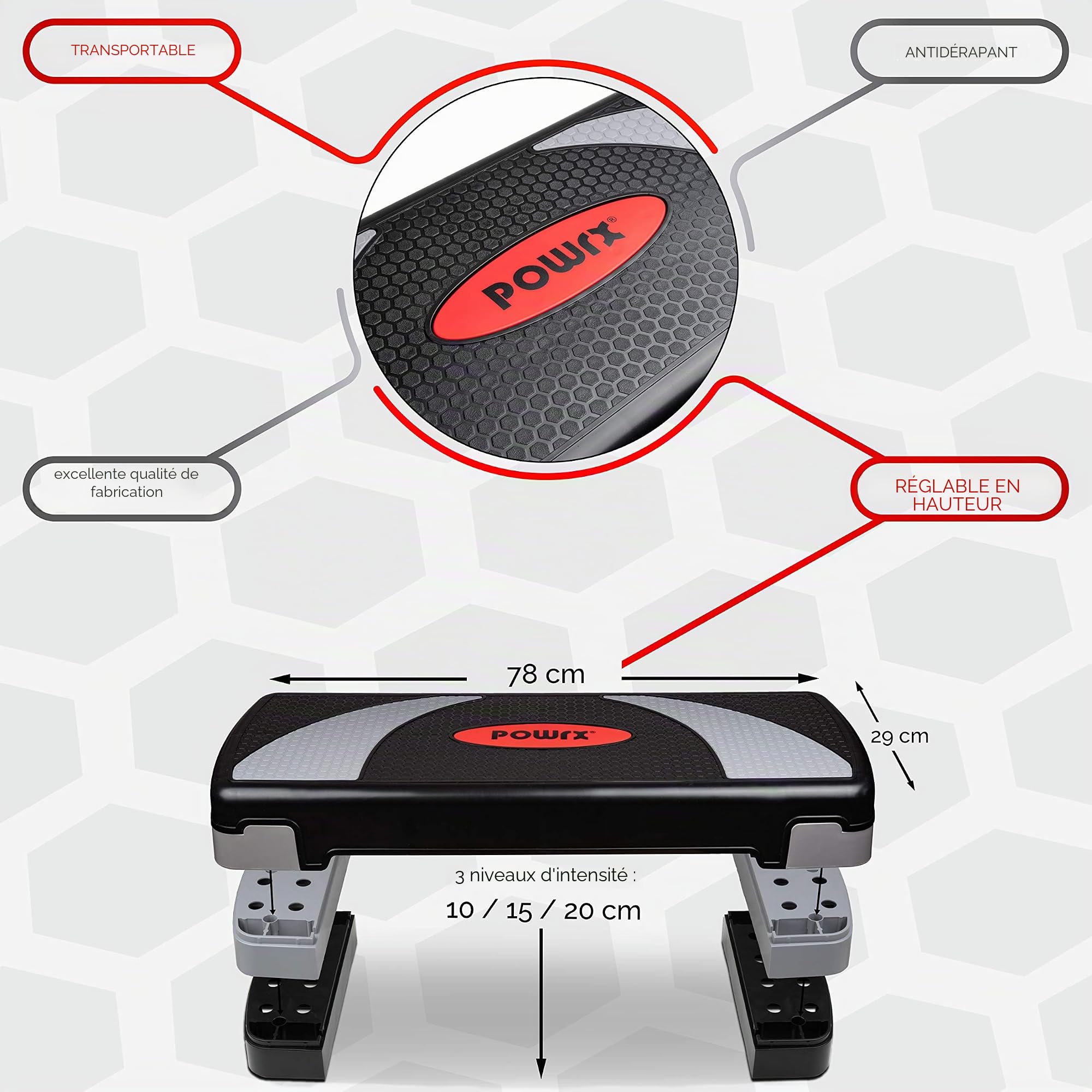 POWRX Step fitness/aérobic XL (80 x 30 cm) - Idéal pour les exercices à la maison et au gymnase - Hauteur ajustable et surface antidérapante