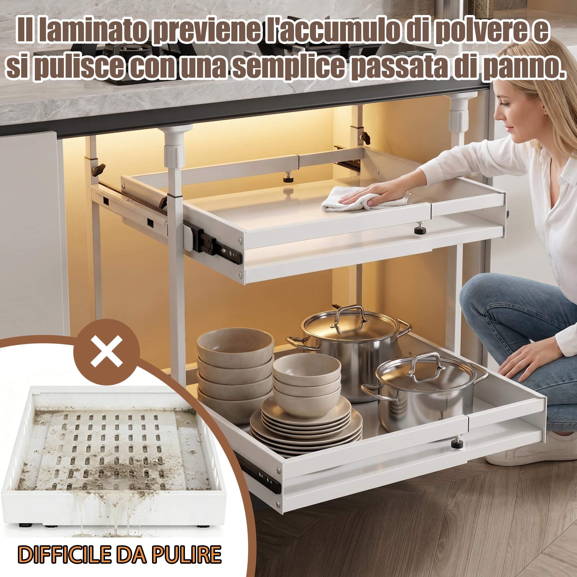 AQRA Cassetti Estraibili Metallici Regolabili, Organizer Cucina Senza | Confezione da 2 pezzi, Regolabile 52,5-93cm (H) /33-52cm (L), Senza Foratura, Adatto per Cucina e Bagno