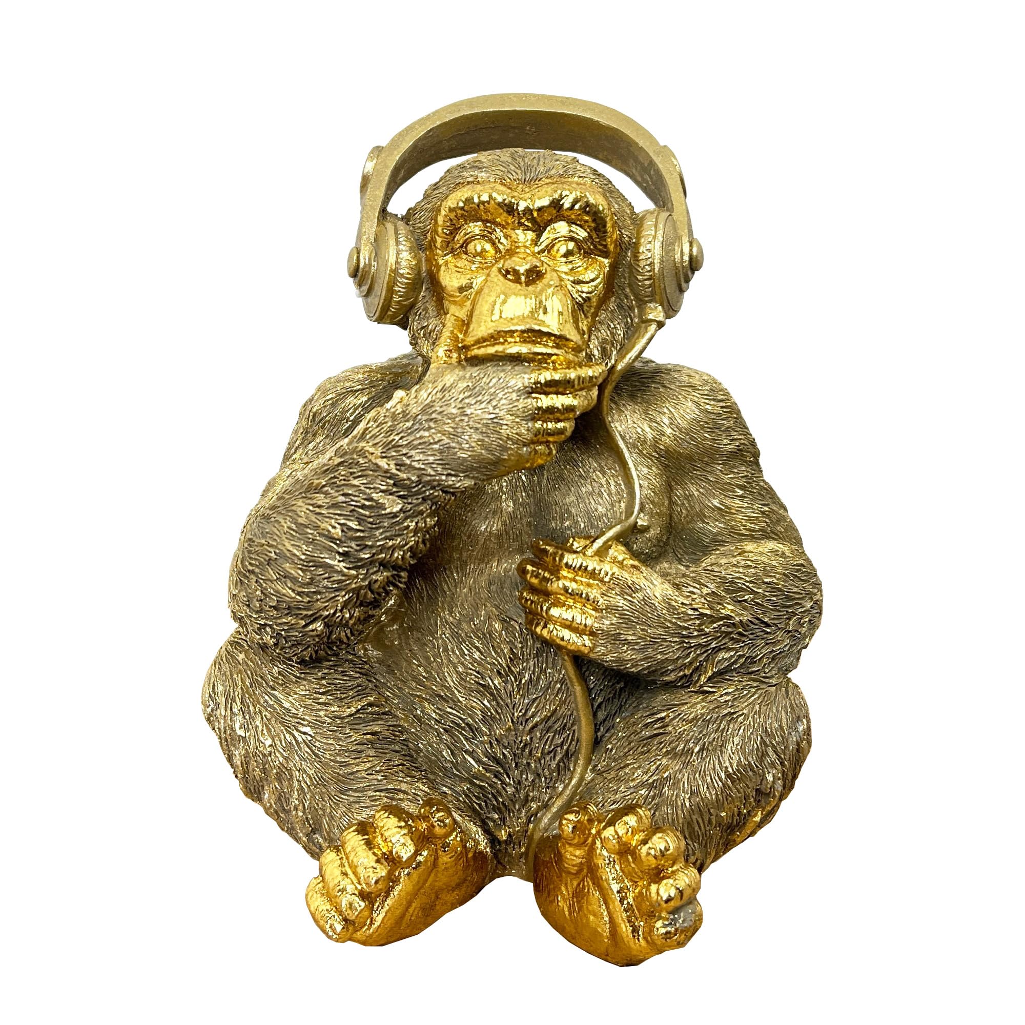 Alfie Francis 17cm Tall Gold Monkey wearing Headphones Ornament Statue Figurine Gorilla Animal Home Decor Gift