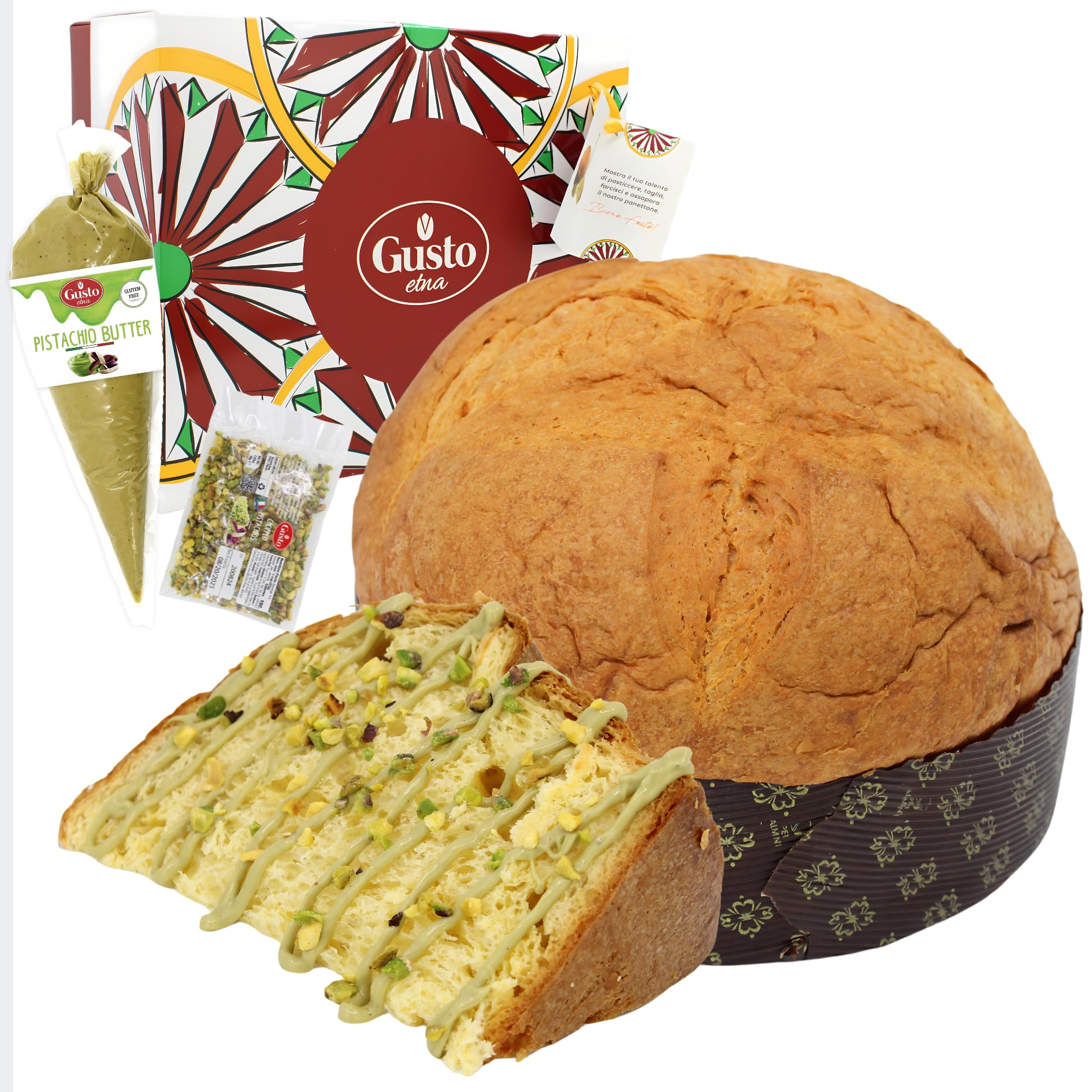 Gusto Etna Sicilian Artisan Panettone – Premium Italian Christmas Cake with Pistachio Cream Filling & Crunchy Pistachio Pieces toppings, Gift Box Included
