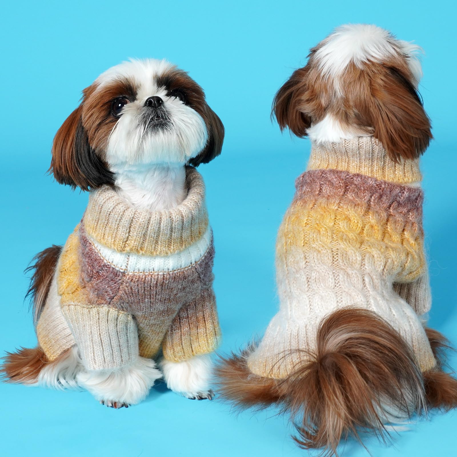 KYEESE Suéter grueso para perro, de punto trenzado, suéter para cachorros de color degradado, suéter para perros pequeños, mullido y cálido con mangas, marrón, XS