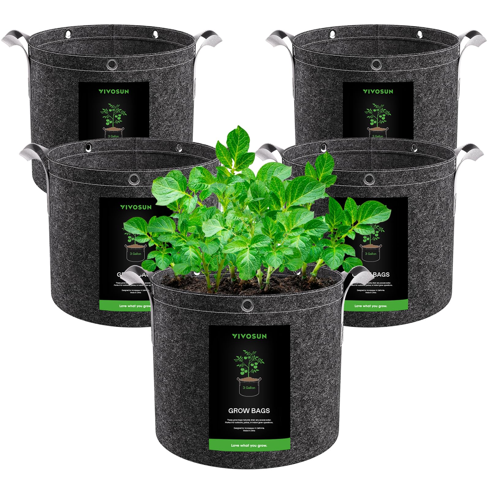 VIVOSUN Pflanzsack 12 L 5er-Pack, Stofftopf aus Vliesstoff mit 500 g/m² Stärke, mit Tragegriffen und Mehrzweckringen, Ideal für LST, Obst, Gemüse und Blumen