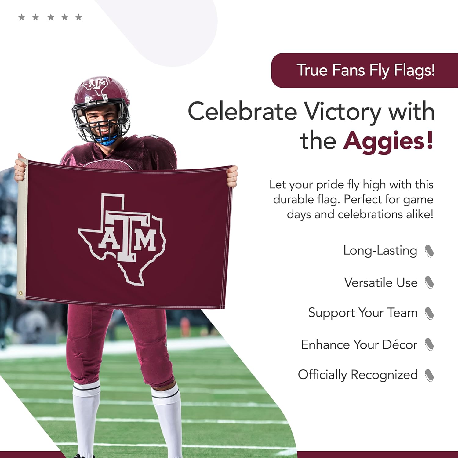 Texas A&M Aggies College Sports Printed Flag - NCAA Licensed - Nylon - School Banner (Maroon, White) (2' x 3') - Image 5