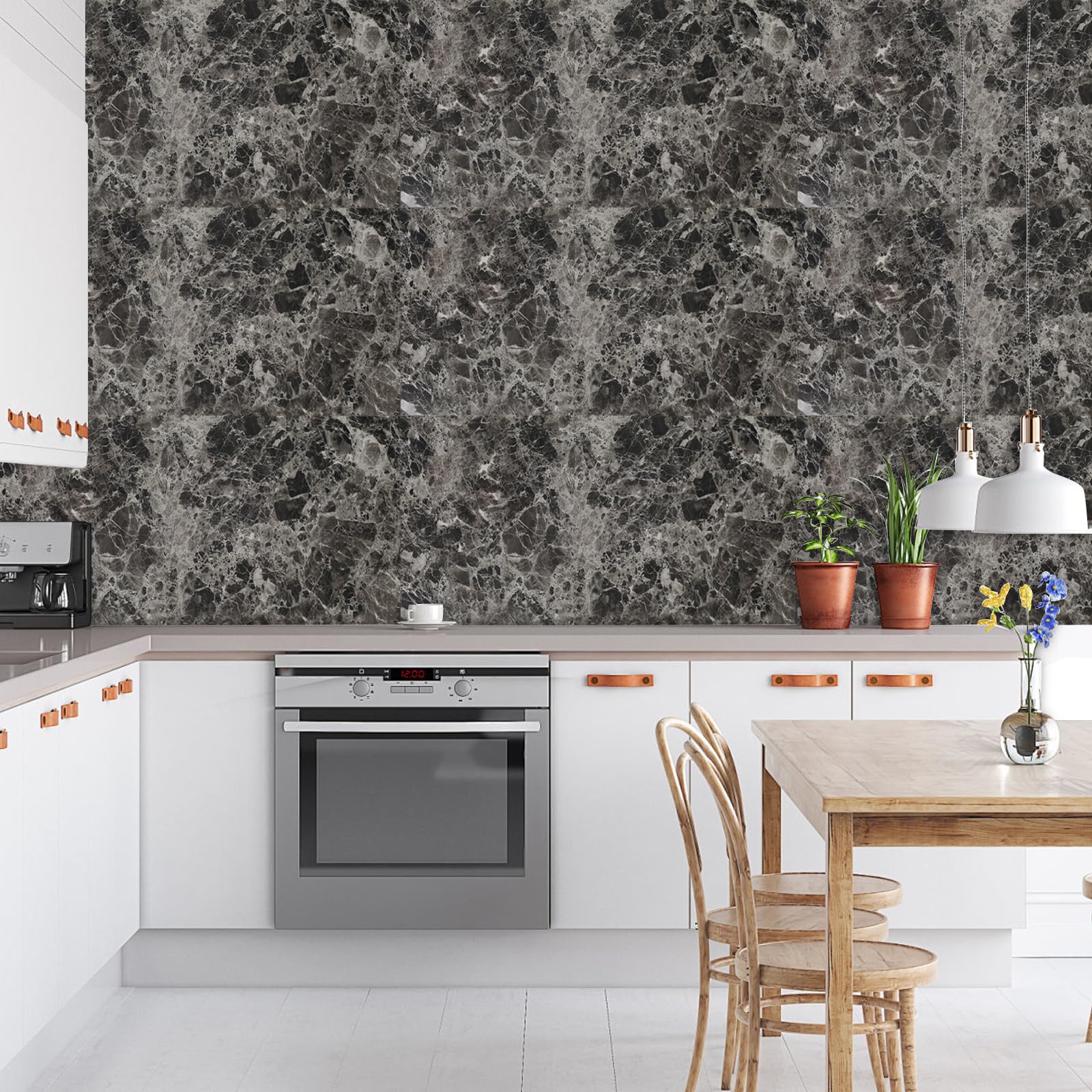 Confezione da 10 pannelli murali autoadesivi in PVC effetto marmo scuro, design a piastrelle, rivestimento a staccabile e incollabile per decorazione di piastrelle da cucina e bagno 60x30 cm