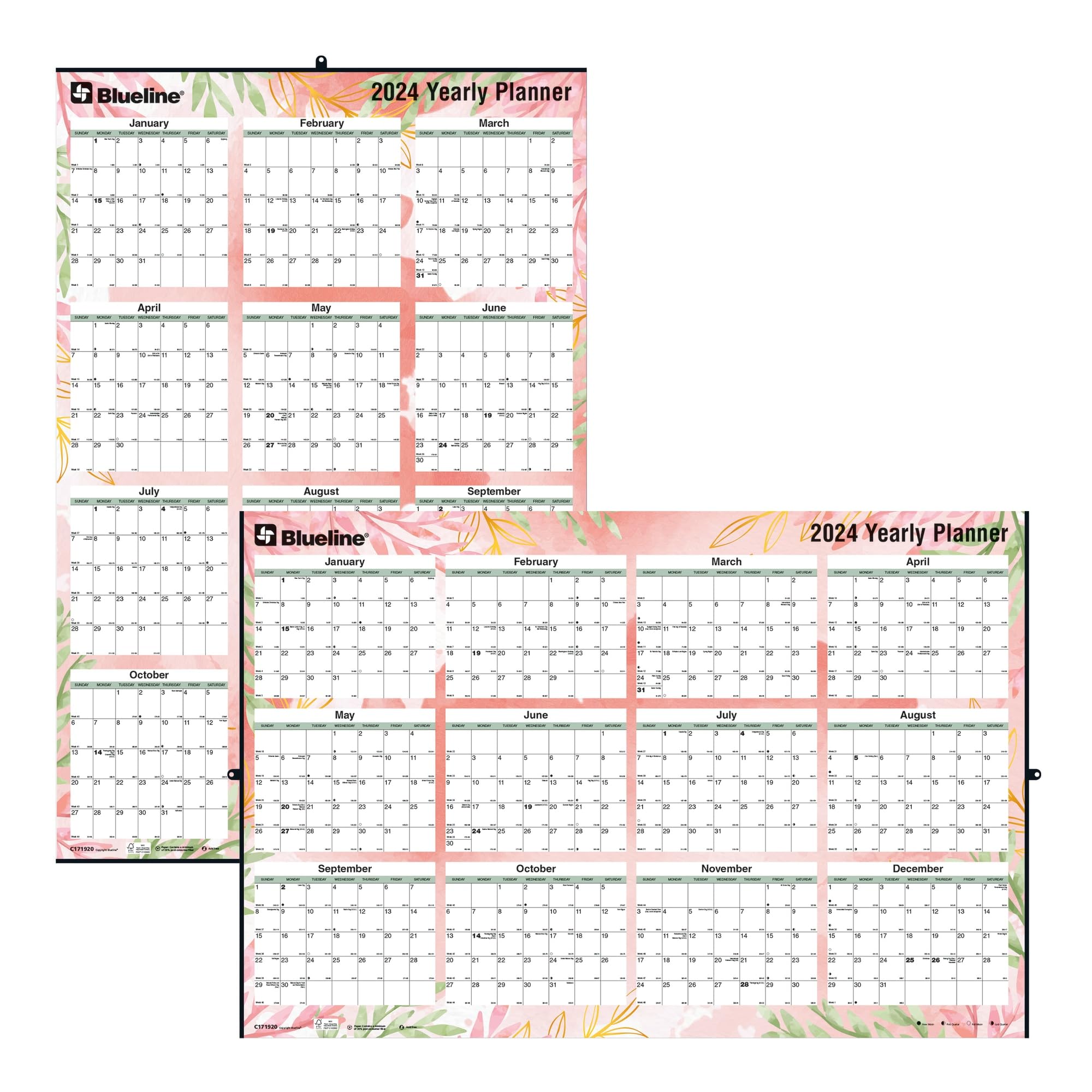 Blueline2024 Yearly Wall Calendar, 12 Months, January to December, Horizontal/Vertical, 24" x 36", Laminated/Erasable, Tropical Design (C171920-24)