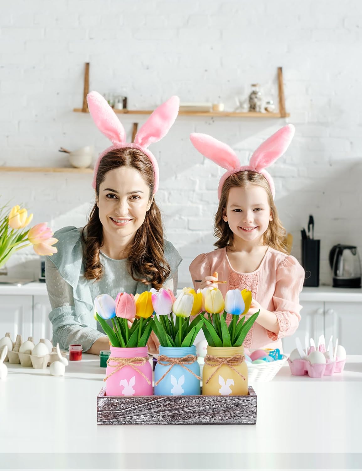 Bunny Mason Jar Spring Easter Table Decor, Centerpieces for Tables with Tulips Artificial Flowers, Farmhouse Wood Tray, 22 Pcs Easter Spring Decorations indoor for Home Office Table