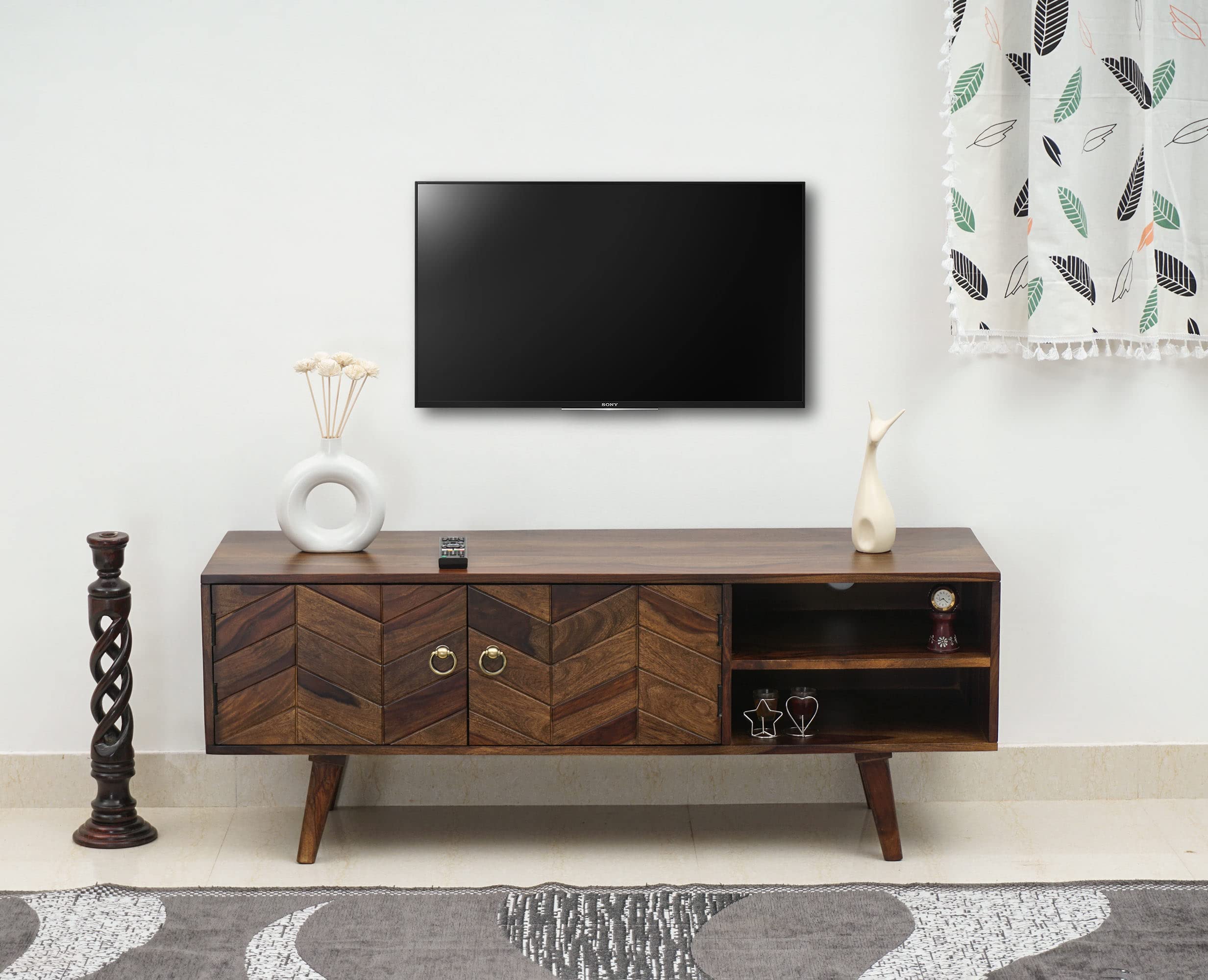 Sheesham Wooden 2 Door & 2 Shelf Storage TV Cabinet for Living Room & Bedroom | TV Stand Table TV Unit for Living Room | Entertainment Unit in Teak Finish-image-48