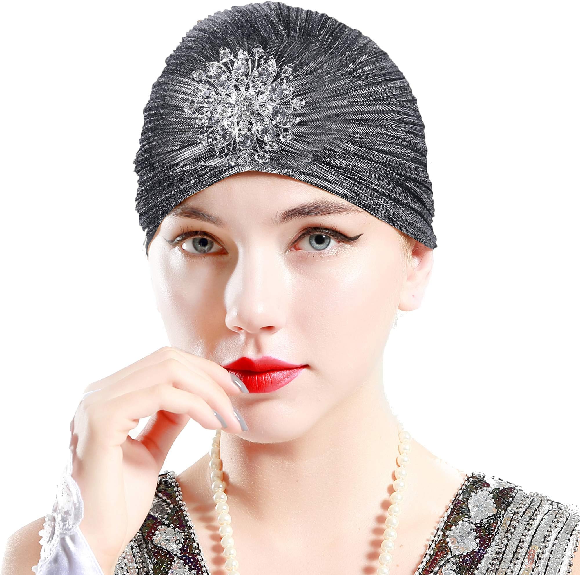 ArtiDeco Turban Hat for Women Turban Hat with Detachable Crystal Brooch Crystal Head Wrap Knit Pleated Turban Vintage (Silver)(Size: Free)