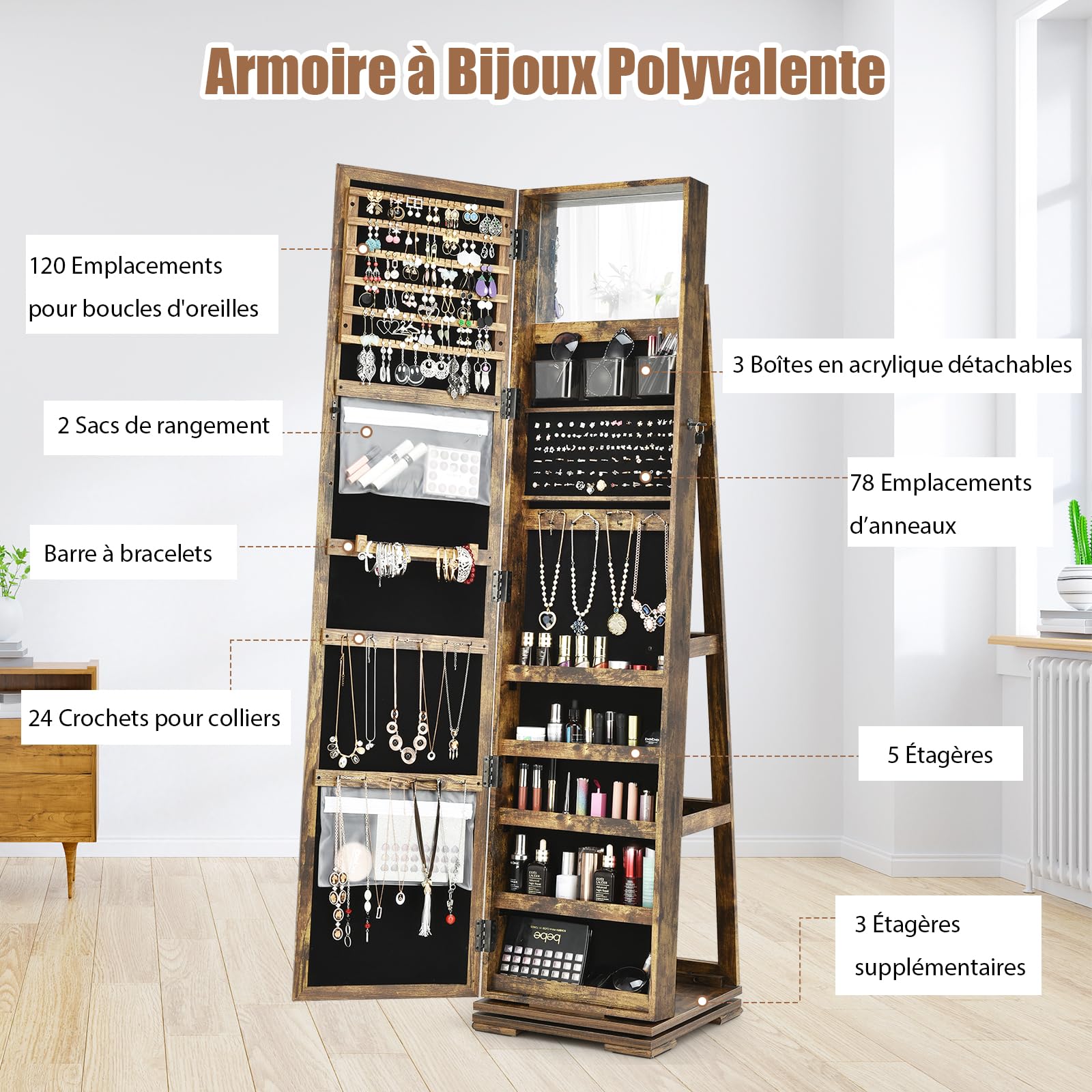 GOPLUS Armoire à Bijoux avec Miroir Plein Longueur, Armoire à Bijoux Pivotante sur Pied avec 3 Étagères de Rangement, Serrure, 3 en 1 Organisateur de Bijoux pour Maquillage, Habillage, Marron