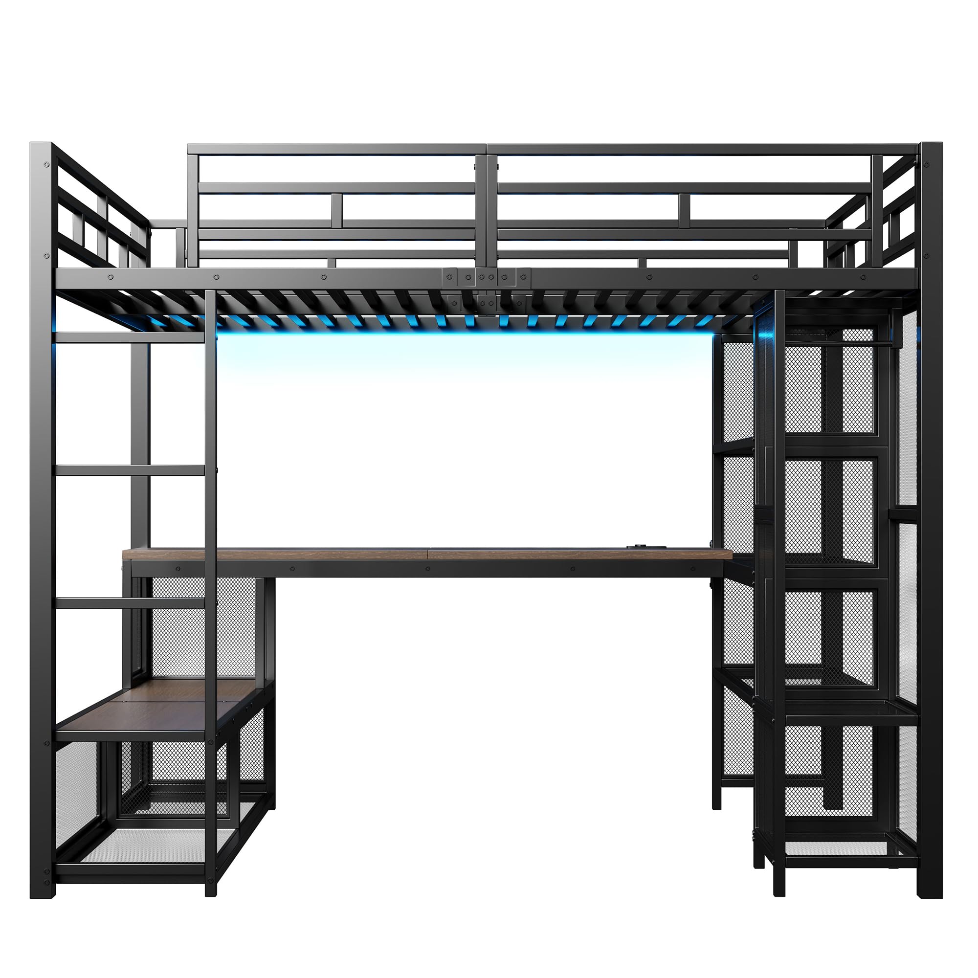 Metalowe łóżko piętrowe 140 x 200 cm z miejscem do przechowywania + otwarta szafa na ubrania, biurko + półki, wielofunkcyjność, kratka ochronna, metalowa rama łóżka, bez materaca (czarne)