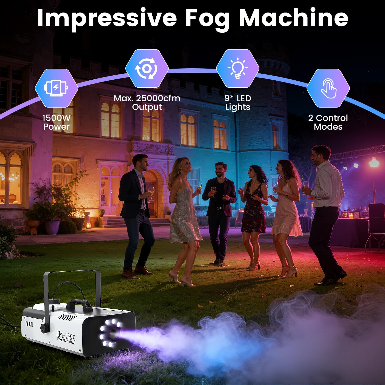 1500W Nebelmaschine - Rauchmaschine mit Fernbedienung, 9 LED-Leuchten, 2.5L Tank, DMX512 Steuerung, Fog Machine für Bühne, Theater, DJs, Partys, Hochzeiten & Bars