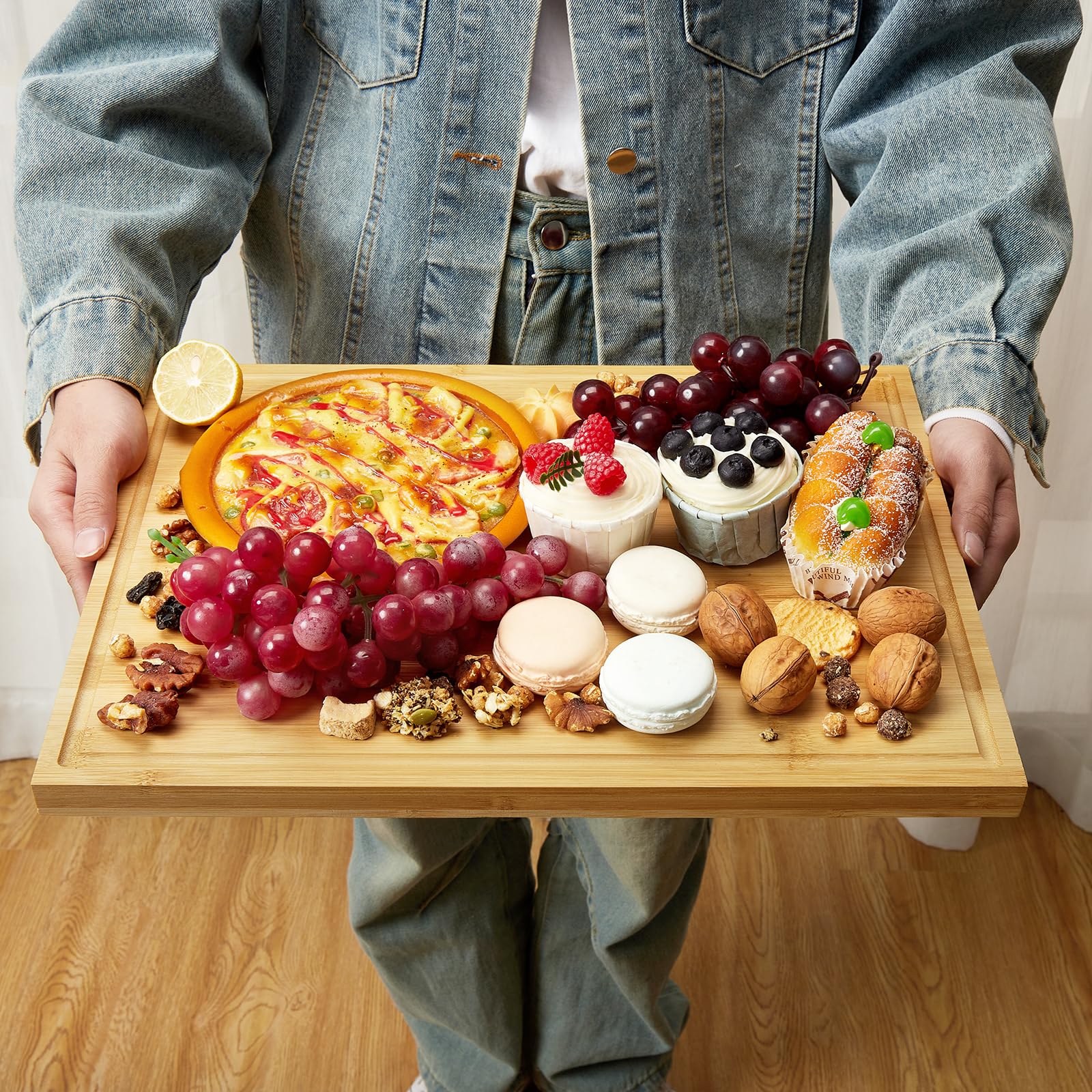 Garvee Lot de 3 planches à découper magnétiques en bambou – Planche apéritif/assortiment & fromage, ample surface – Rainure à jus profonde – Compartiments intégrés – Plateau de service