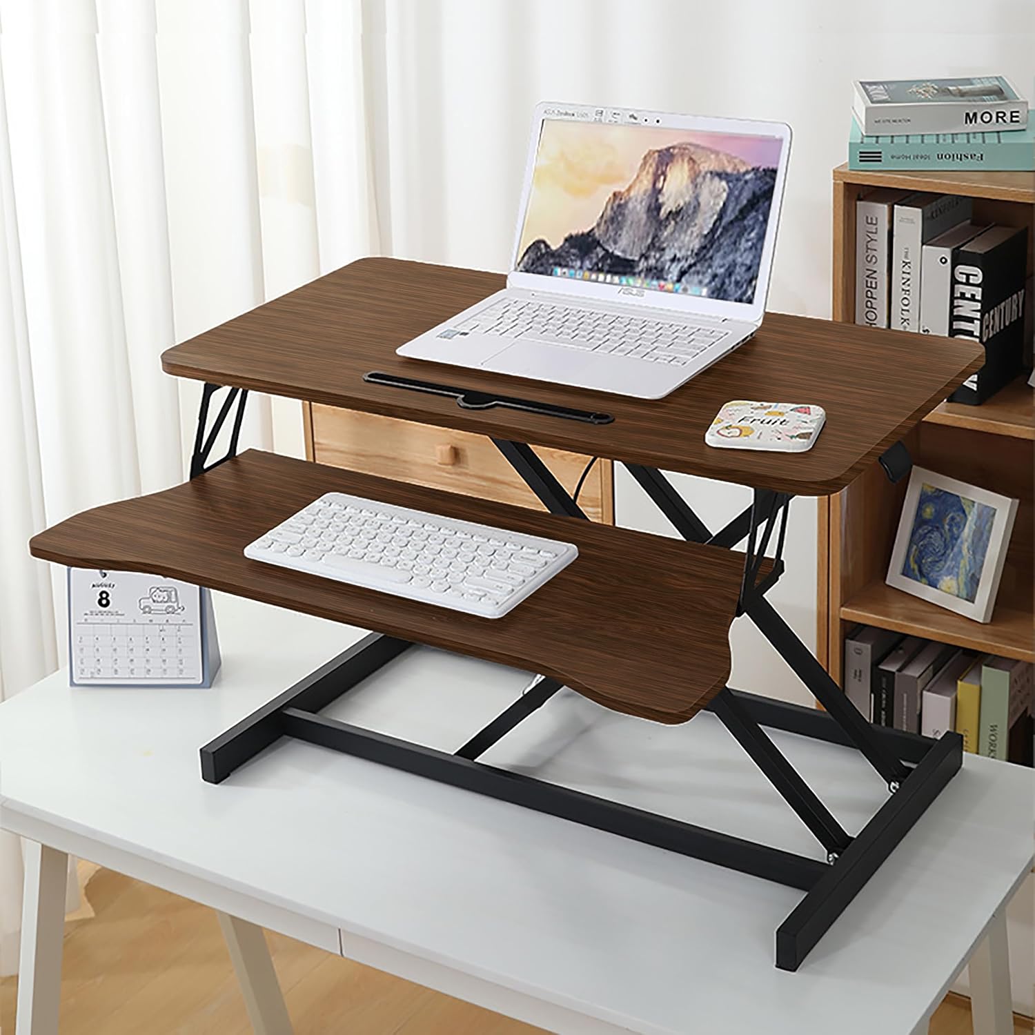 Standing Desk Converter, 32 Inch Wide, Height Adjustable Sit to Stand Workstation Riser, Dual Monitor with Wide Keyboard Tray for Home Office (Walnut)