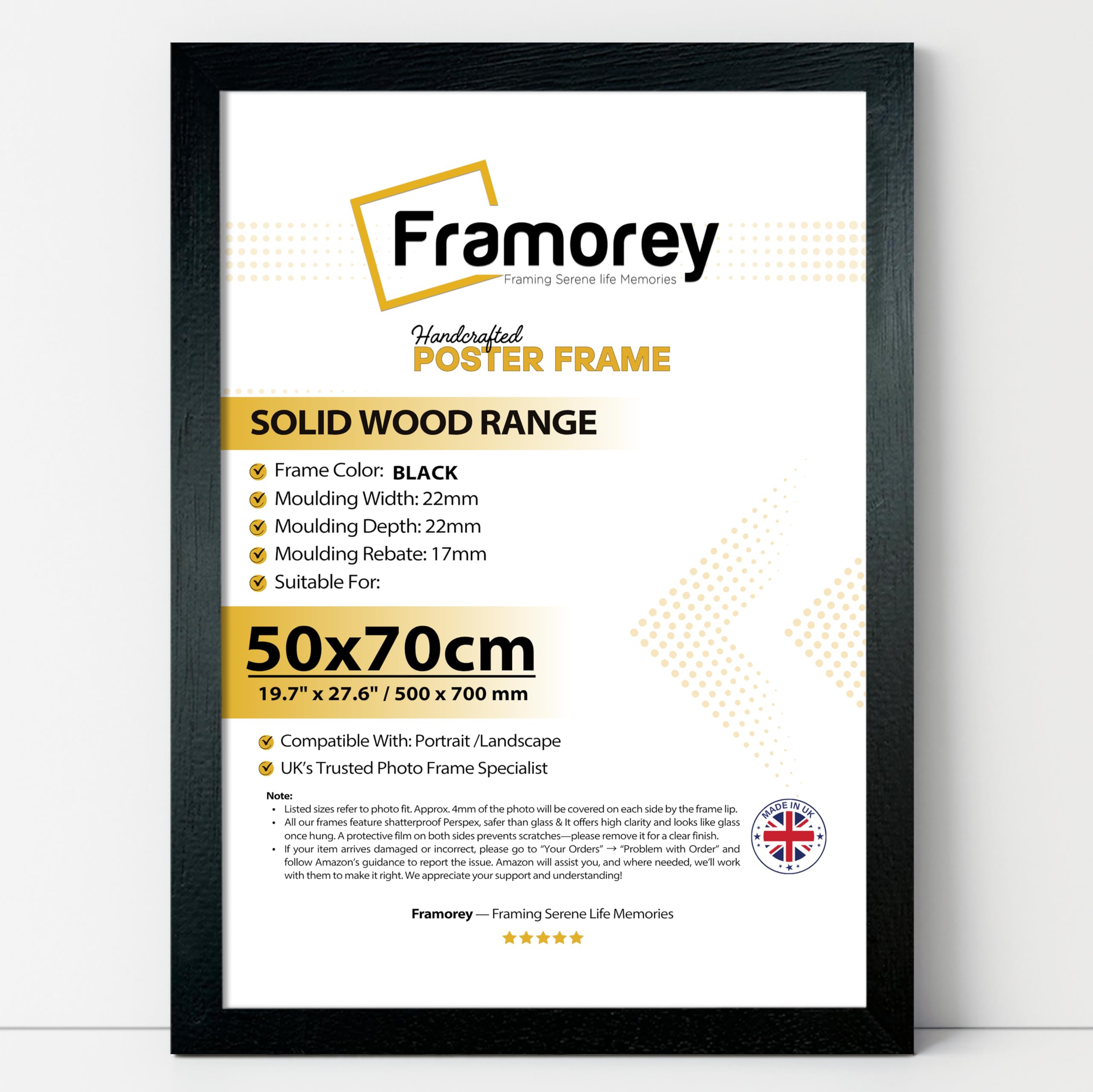 Framorey Framing Serene Life Memories Black Framorey Picture Frames 50Cm X 70Cm, 100% Solid Wood 70Cm X 50Cm Frame, Picture Frames For Wall Mounting, 700X500mm Certificate Poster Frames, Ideal For Posters, Certificates & Artwork