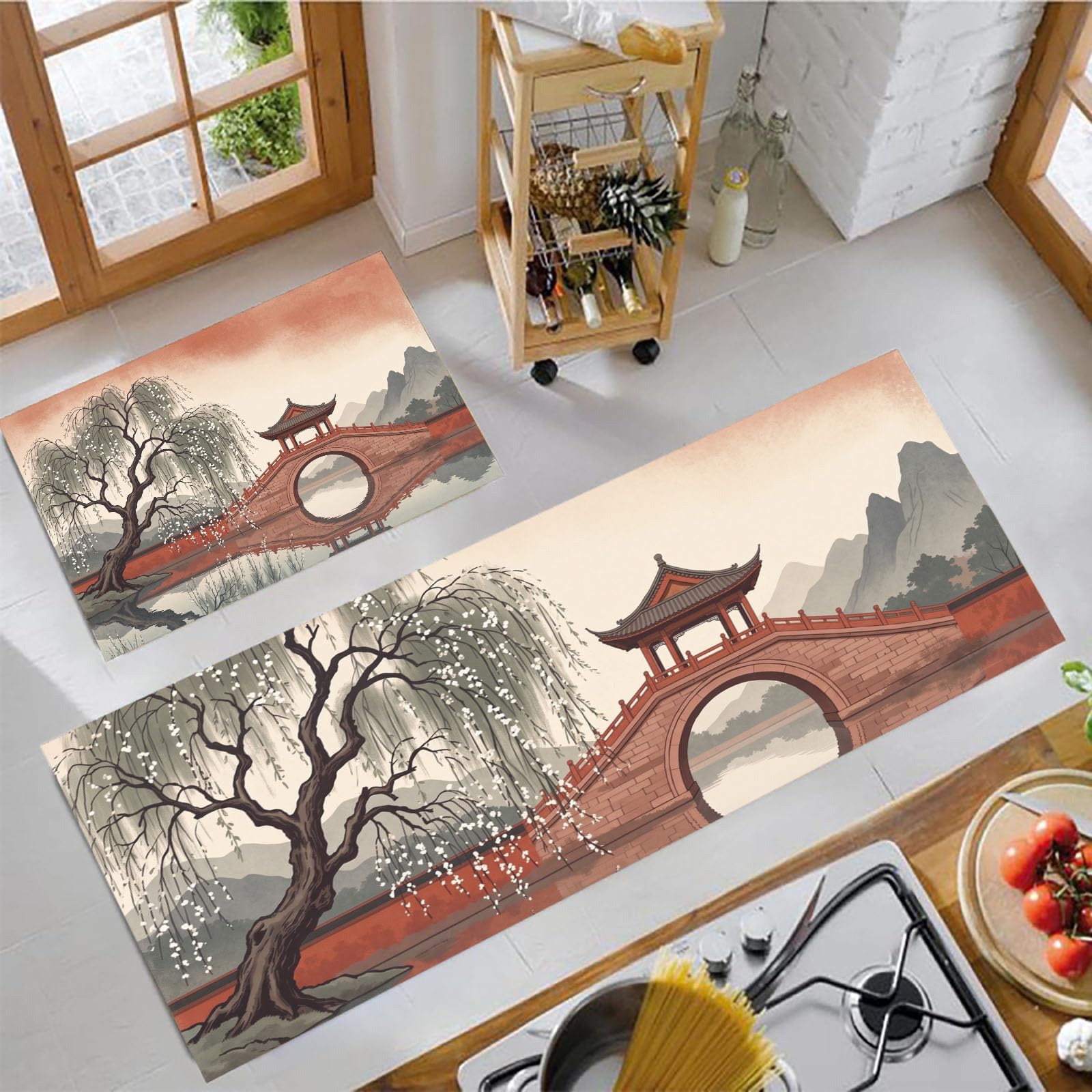 Style Chinois Tapis de Cuisine 2 pièces, Pavillon Pont Pierre Saule Tapis de Cuisine antidérapant, Rouge Tapis de Sol de Cuisine Absorbant résistant aux Taches - 43x75+43x150cm