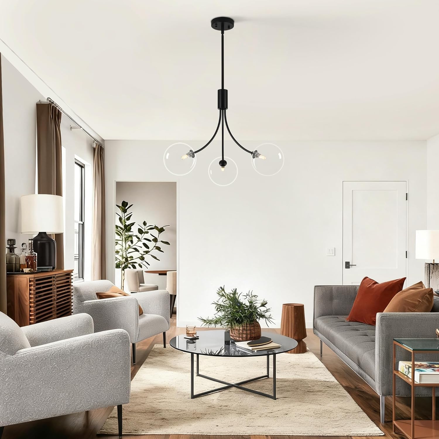 3-Light Modern Black Chandelier，Dining Room Light Fixtures Over Table，Sputnik Chandeliers with Clear Glass Shade for Kitchen Island Living Room Bedroom Foyer Entryway,25.2in,G9.