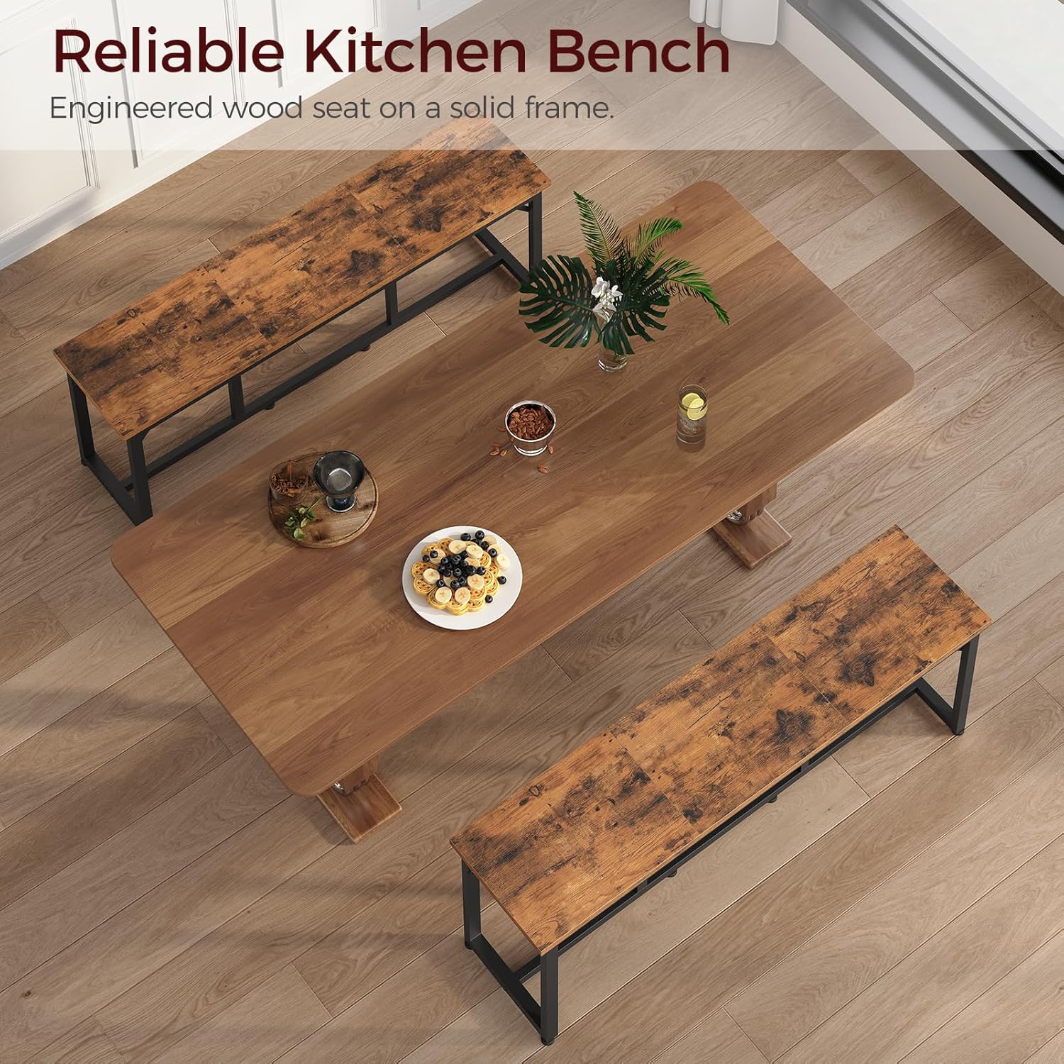 Dining Bench, 47.2 Inch Dining Table Bench, Rustic Kitchen Bench, Easy to Assemble, Steel Frame, for Kitchen, Living Room, Bedroom, Rustic Brown and Black TBHR0201