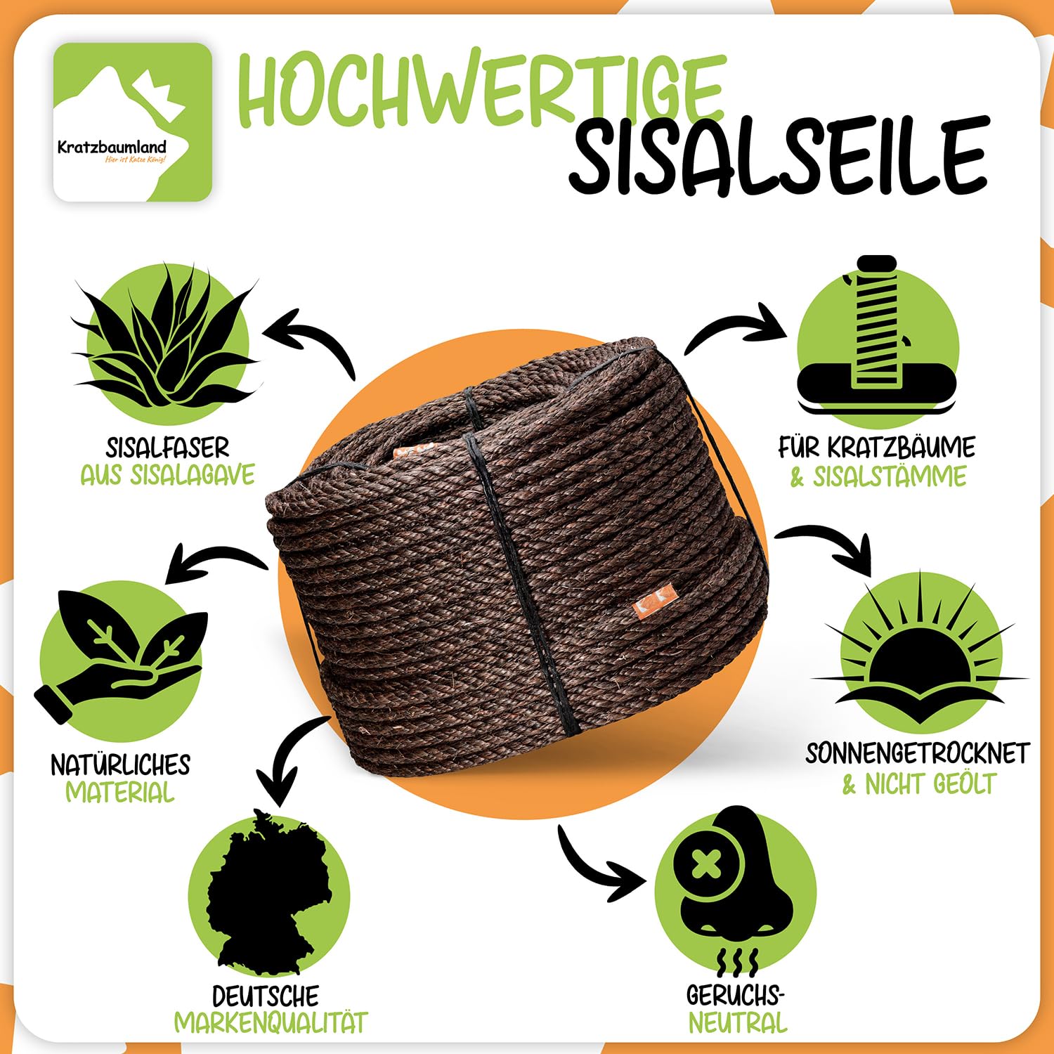 Kratzbaumland Premium-Sisalseil braun 8 mm, braunes Sisalseil für Kratzbäume (versch. Längen) (100 Meter)