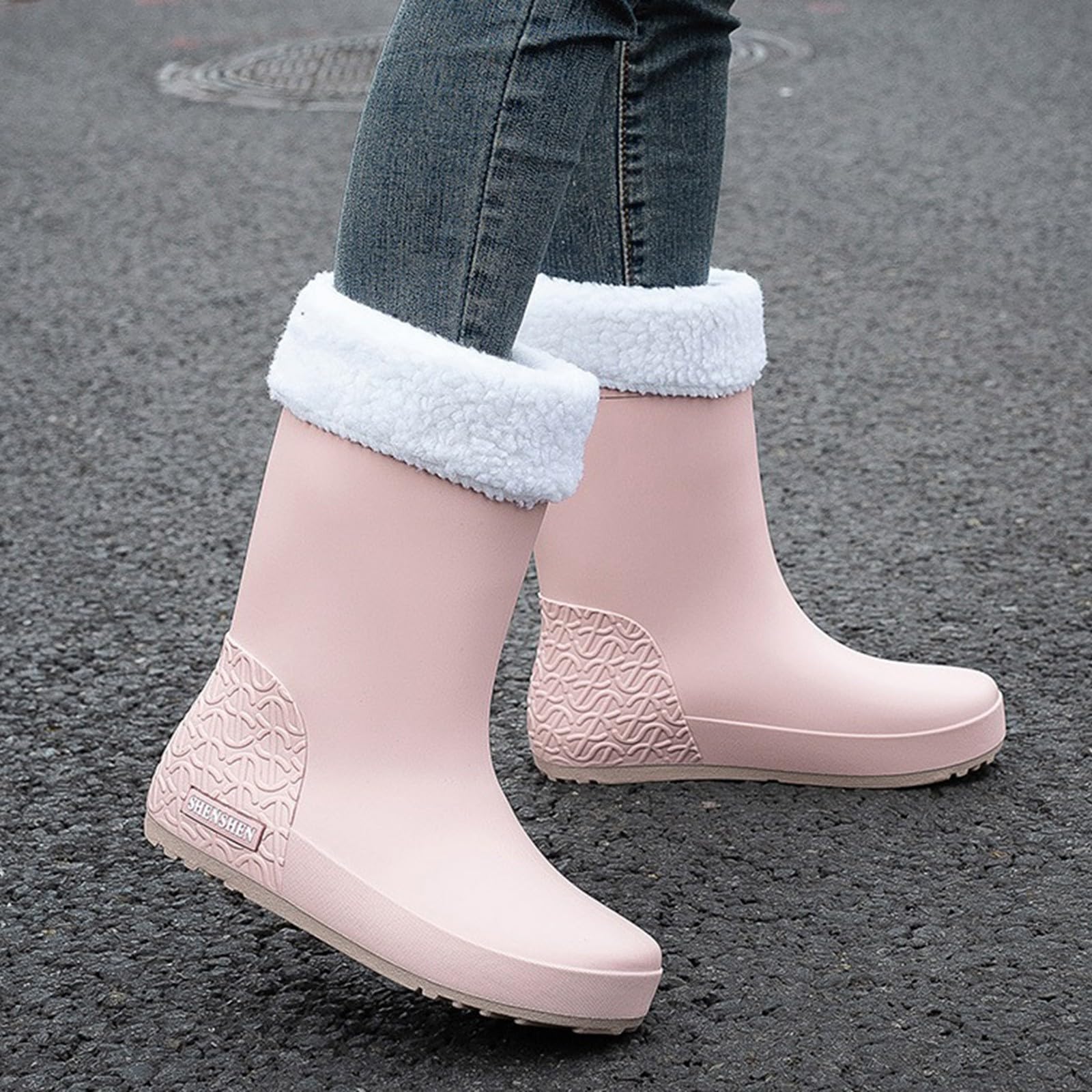 Clearance UK - Botas de lluvia de media pantorrilla para mujer, forro polar cálido, botas de agua impermeables al tobillo, botas de agua para invierno, nieve y clima frío, Pink, 39 EU