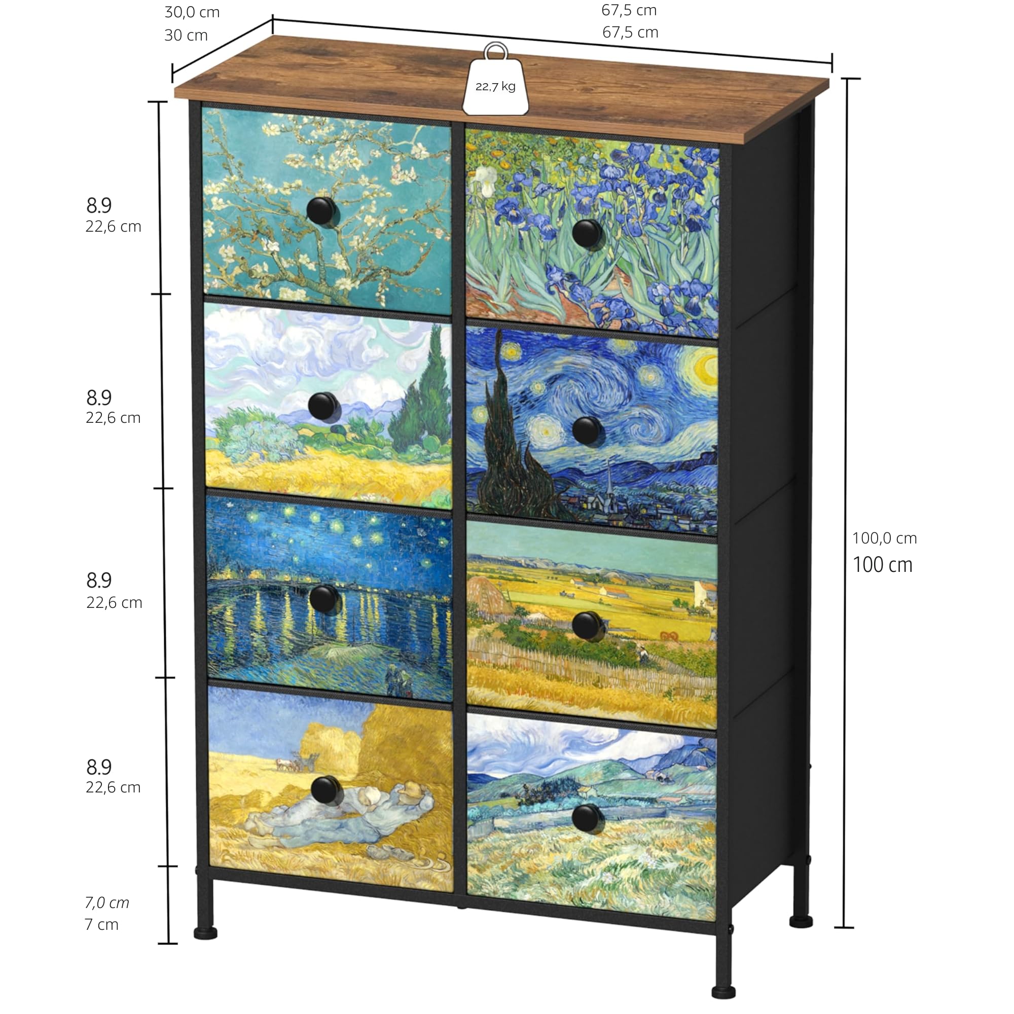 VEDECASA - Cassettiera sottile, alta, con 8 cassetti , motivo Van Gogh, per cameretta dei bambini, soggiorno, corridoio, camera da letto, ufficio, struttura in metallo e pannello in legno