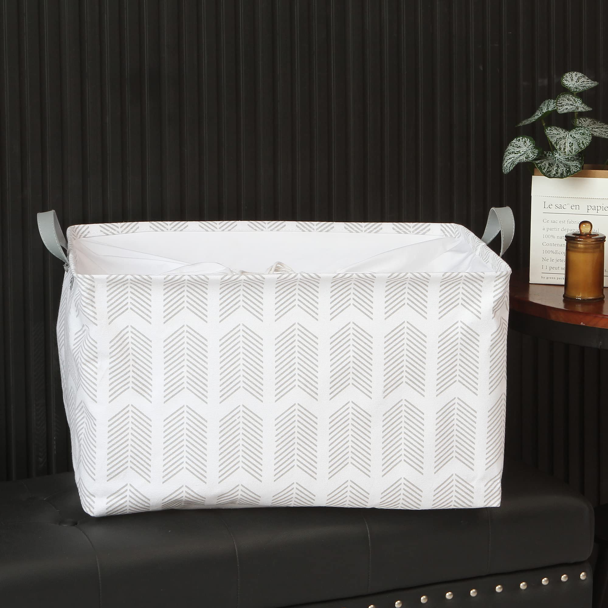 Hinwo 2-Pack Extra Large Canvas Fabric Storage Basket with Handles, 70L/18.5-Gal Oversized Bin, Collapsible Box, Clothes, Toys, Blankets Organizer, 22 x 15 x 13 Inches (XL, Grey Fishbone)