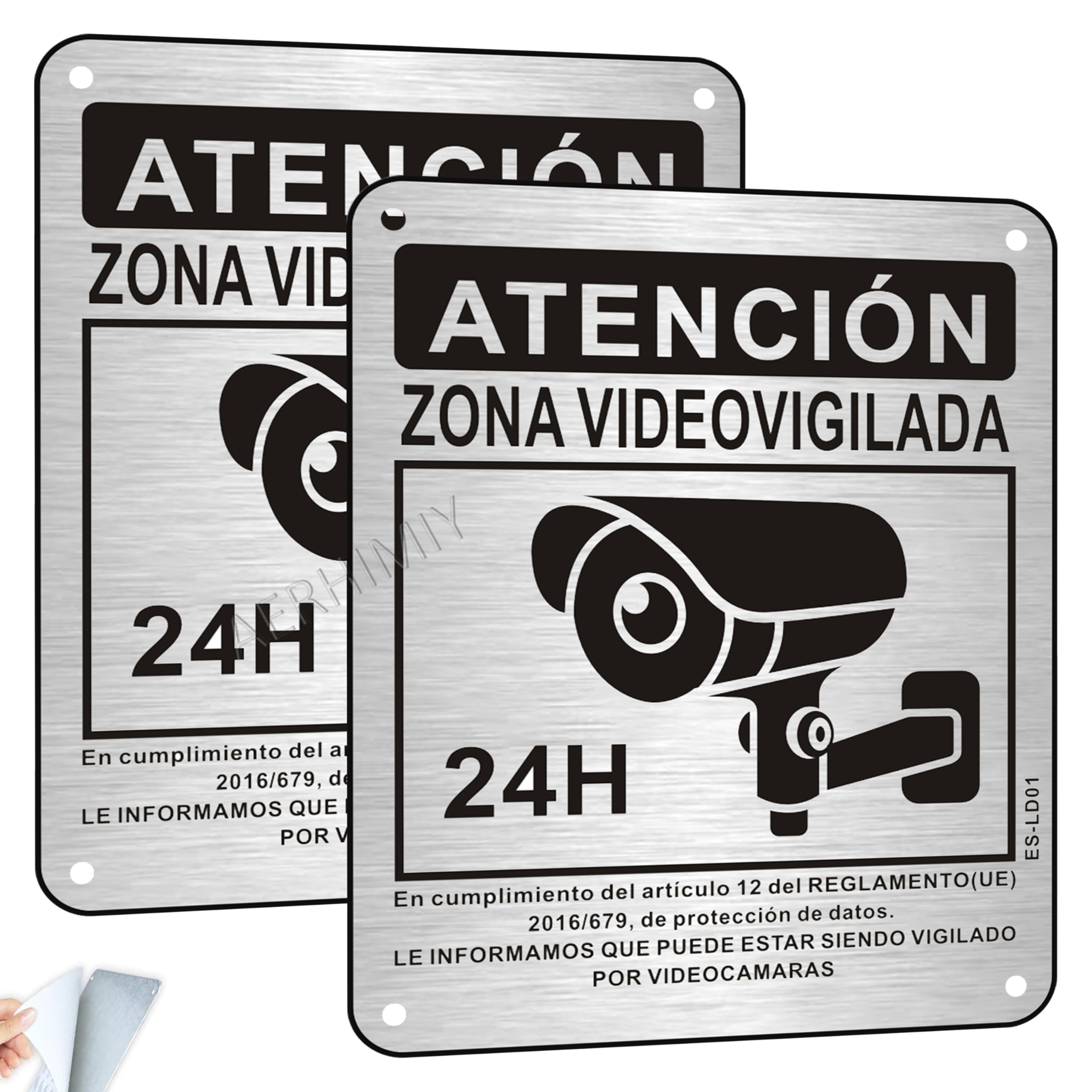 2 Piezas Cartel Videovigilancia Aluminio Cepillado 15x12cm - Con Adhesivo y Agujeros Pre-perforados