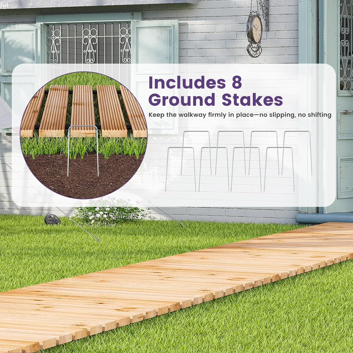Wooden Garden Pathway with Rubber-Coated Connections,Outdoor Roll Out Straight Walkway, Weather-Resistant & Non-Slip Patio Path for Garden, Backyard, Beach, Wedding Party (Natural, 8FT)