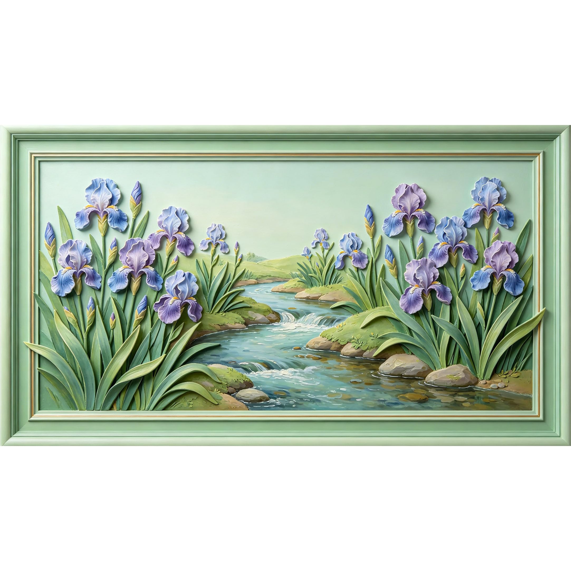 QZLITHOTIC 50x90cm3D Framed Wall Art， Botanical Iris Flower Stream Landscape Self‑Adhesive Mural， Water‑Activated Peel & Stick Fabric Decor Wall Decal for Bedroom Living Room
