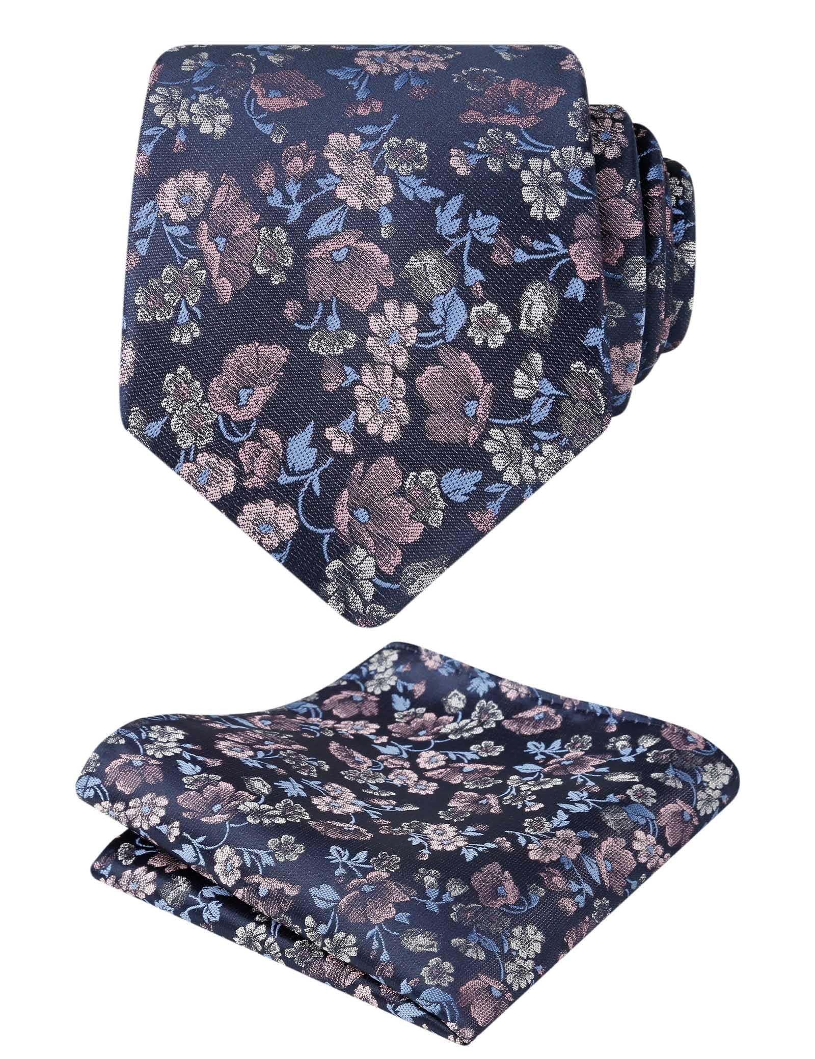 Alizeal Mens 3.15inches Flower Patterned Tie with Floral Printed Pocket Square, Navy+Pink
