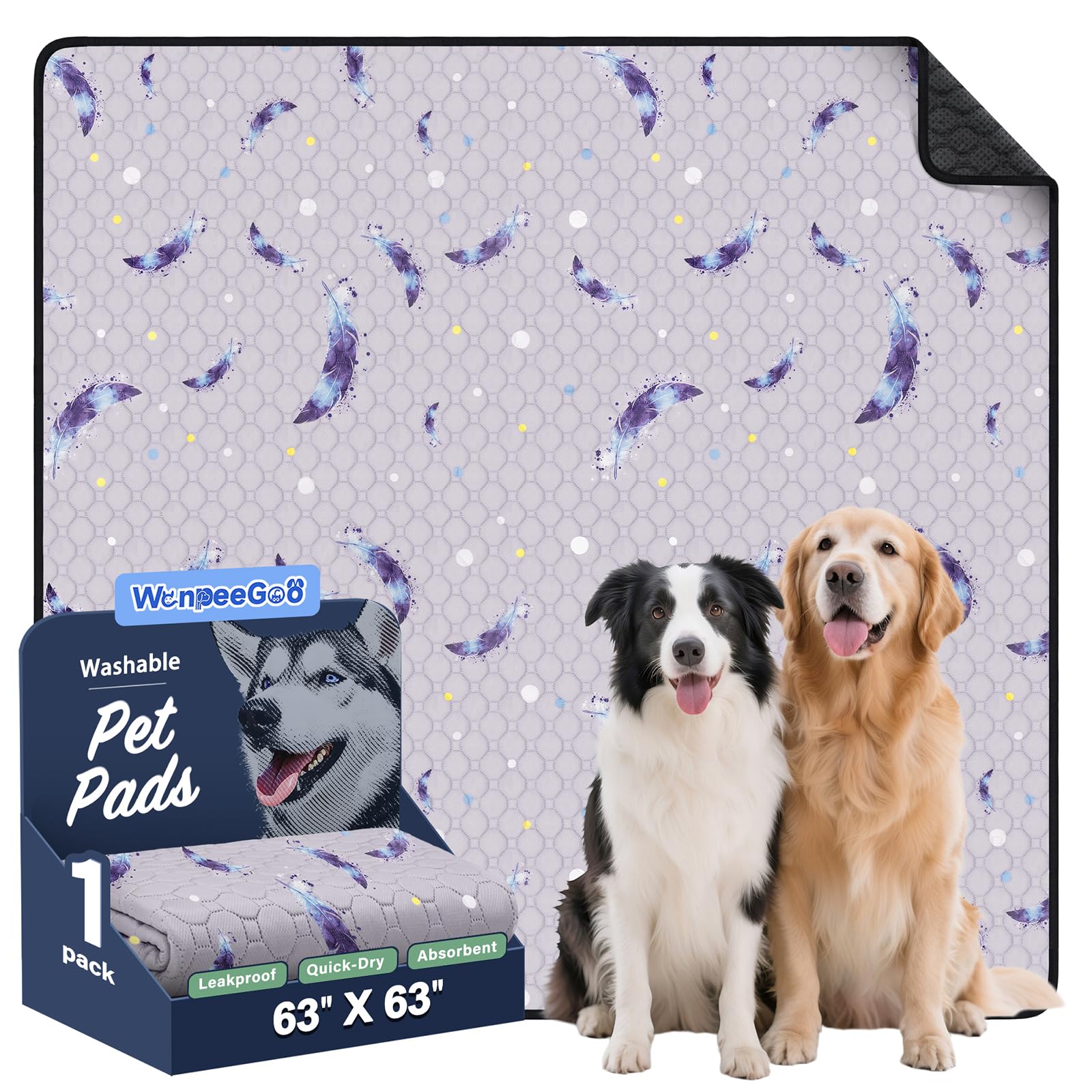 WanpeeGoo Washable Pee Pads for Dogs, 1 Pack Reusable Puppy Pads, Super Absorbent & Leakproof Dog Pads, Anti-Slip Dog Pee Pads for Puppy Training & Incontinence, Feather Pattern 160x160cm — image 1