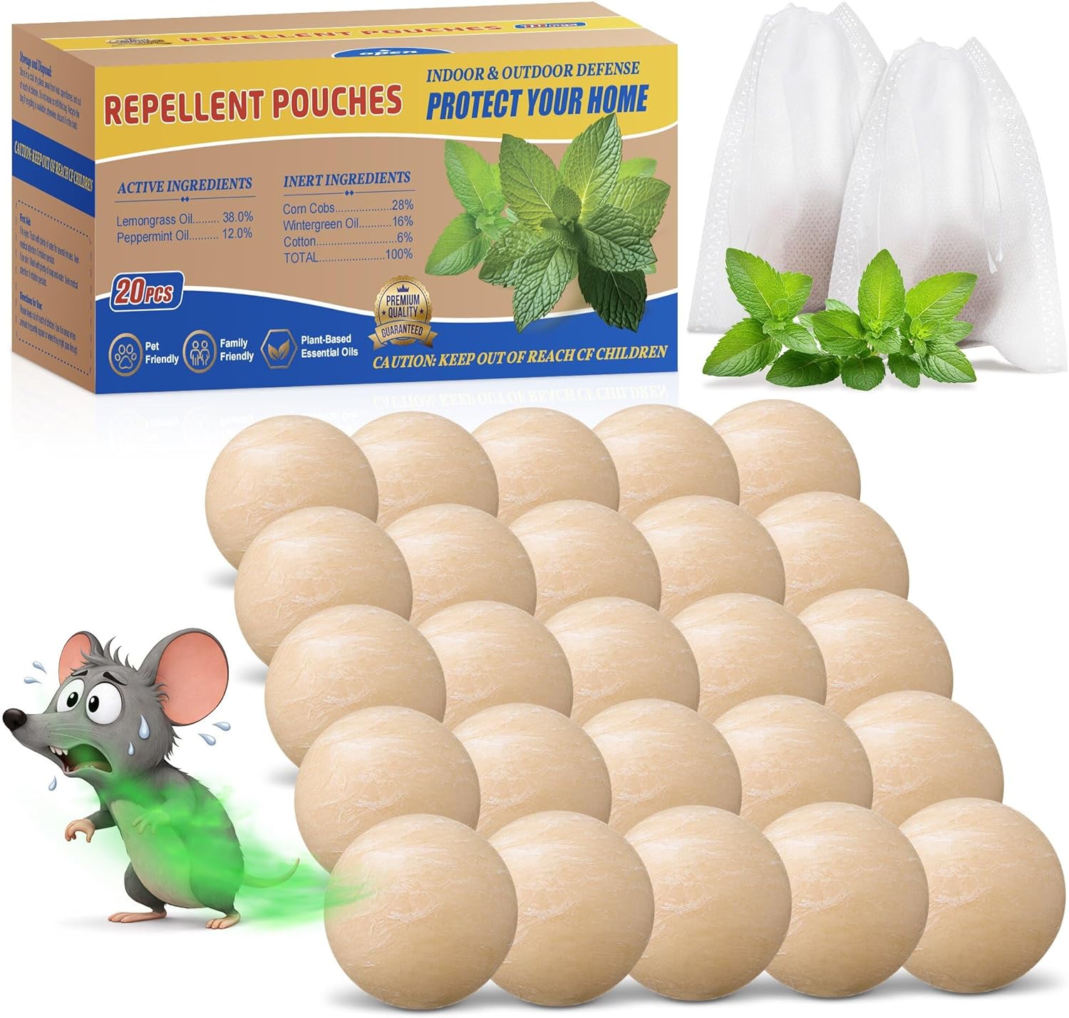20 Pack Mouse Repellent Balls, Rodent Repellent for Indoor Use, Peppermint Balls for Rodents, Natural Rat and Mice Deterrent, Safe for Kids & Pets, for Rodent Control, Car Engines, Home, Garage