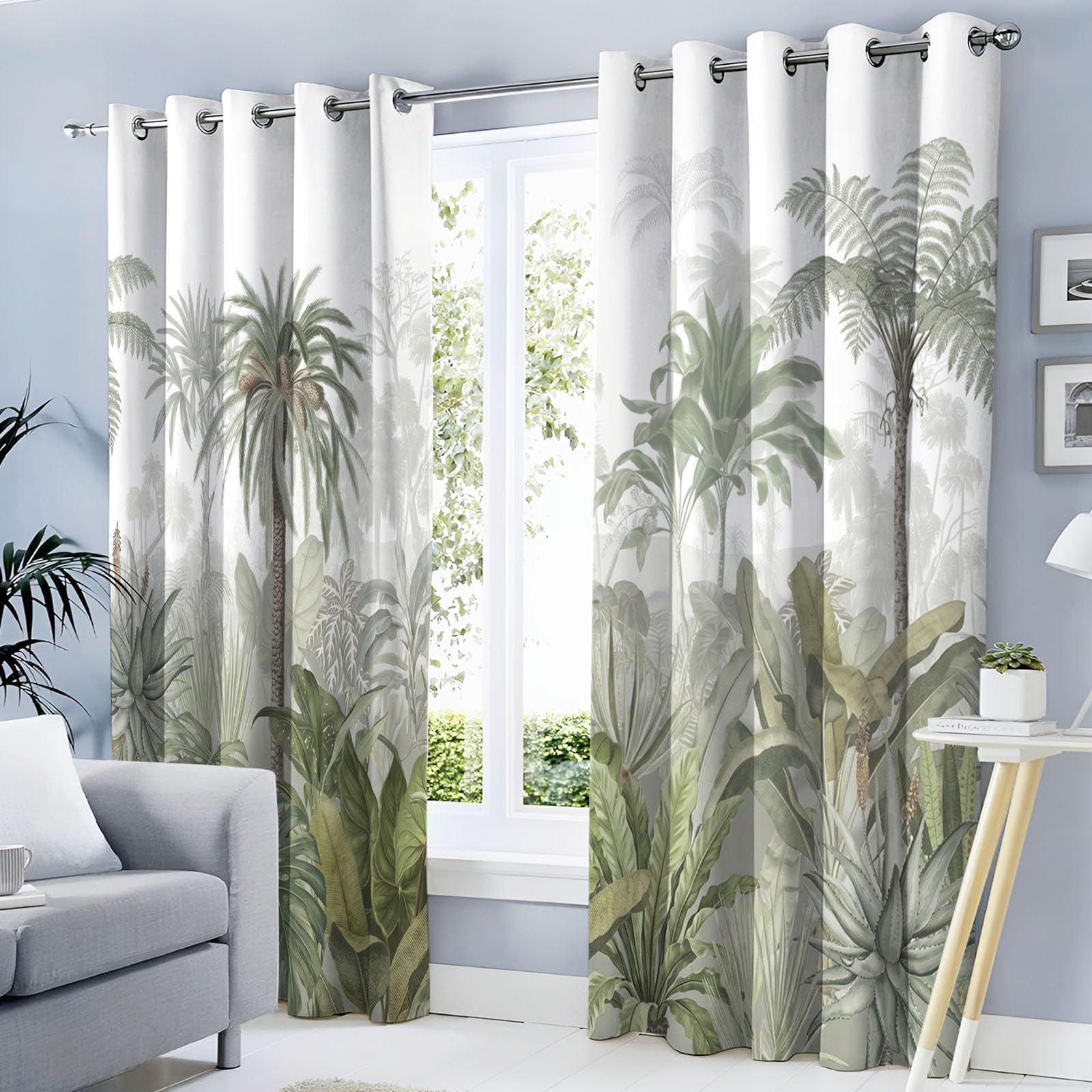 Rideaux Occultants Palmiers Monstera Deliciosa Cactus, Rideau Occultant Thermique Isolant Vert, Rideau Imprimé Style Tropical Rétro Avec Oeillets Pour Chambre, Salon, Lot De 2 Rideaux 140 X 225 cm