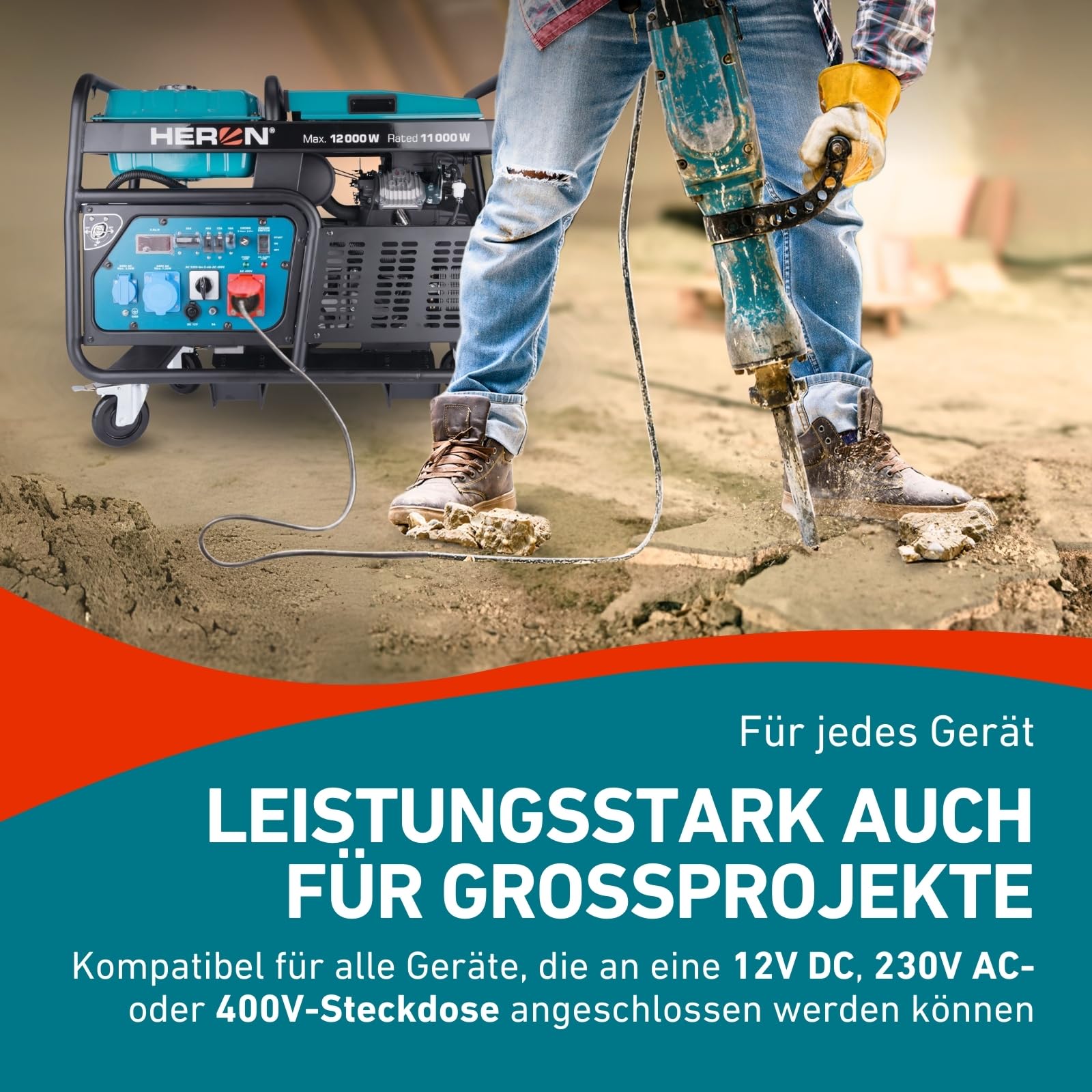 Heron Stromgenerator Benzin 23,5PS I 12 kW / 15kVa (400V) & 12kW (230V) I Stromerzeuger mit 30L Tank, Fahrgestell & Elektrostarter I mobiles Stromaggregat mit AVR-System