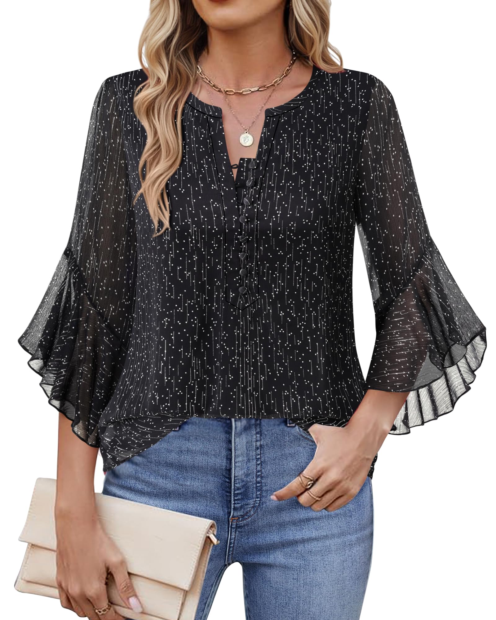 Timeson Casual Chiffon Sleeve Women's Blouses for Business Work 