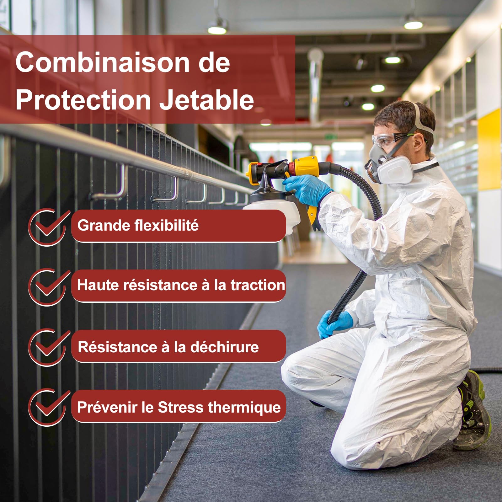 Hazmat Suit Combinaison jetable | Combinaison de peintre intégrale robuste en 7 tailles avec plusieurs spécifications pour homme et femme sans capuche – Respirant et résistant à l'eau