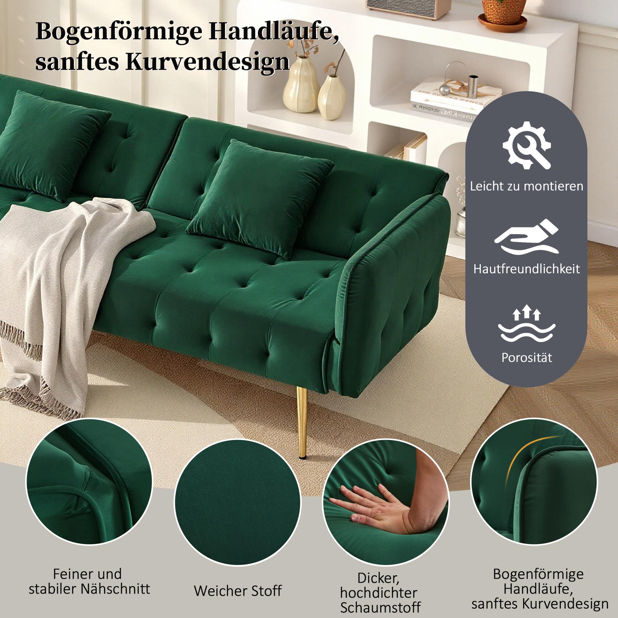 Divano a due posti con funzione di sonno, divano a 2 posti con schienale regolabile, braccioli a più cifre, rivestimento in velluto per piccoli formaggi, soggiorno, divano pieghevole verde