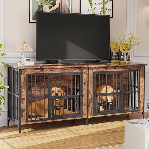 Miniatura 6 de Grepatio Mueble de jaula para perros de 79 pulgadas para 2 perros, perrera grande con cuencos giratorios de 360, jaulas dobles para perros con 4