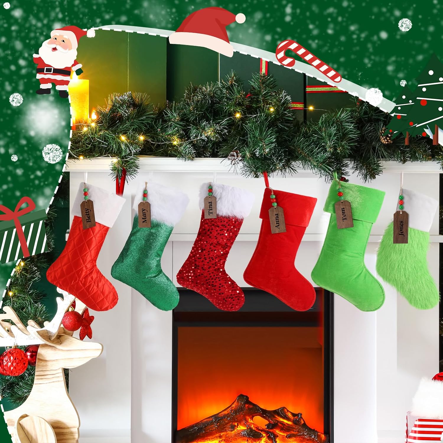 MiniInflat 6 Pack Christmas Stockings and 6 Pcs Wooden Xmas Name Tags, 14 Inch Plush Velvet Sequins Glitter Personalized Hanging Stockings for Christmas Fireplace Home Decorations(Fluorescent Color)