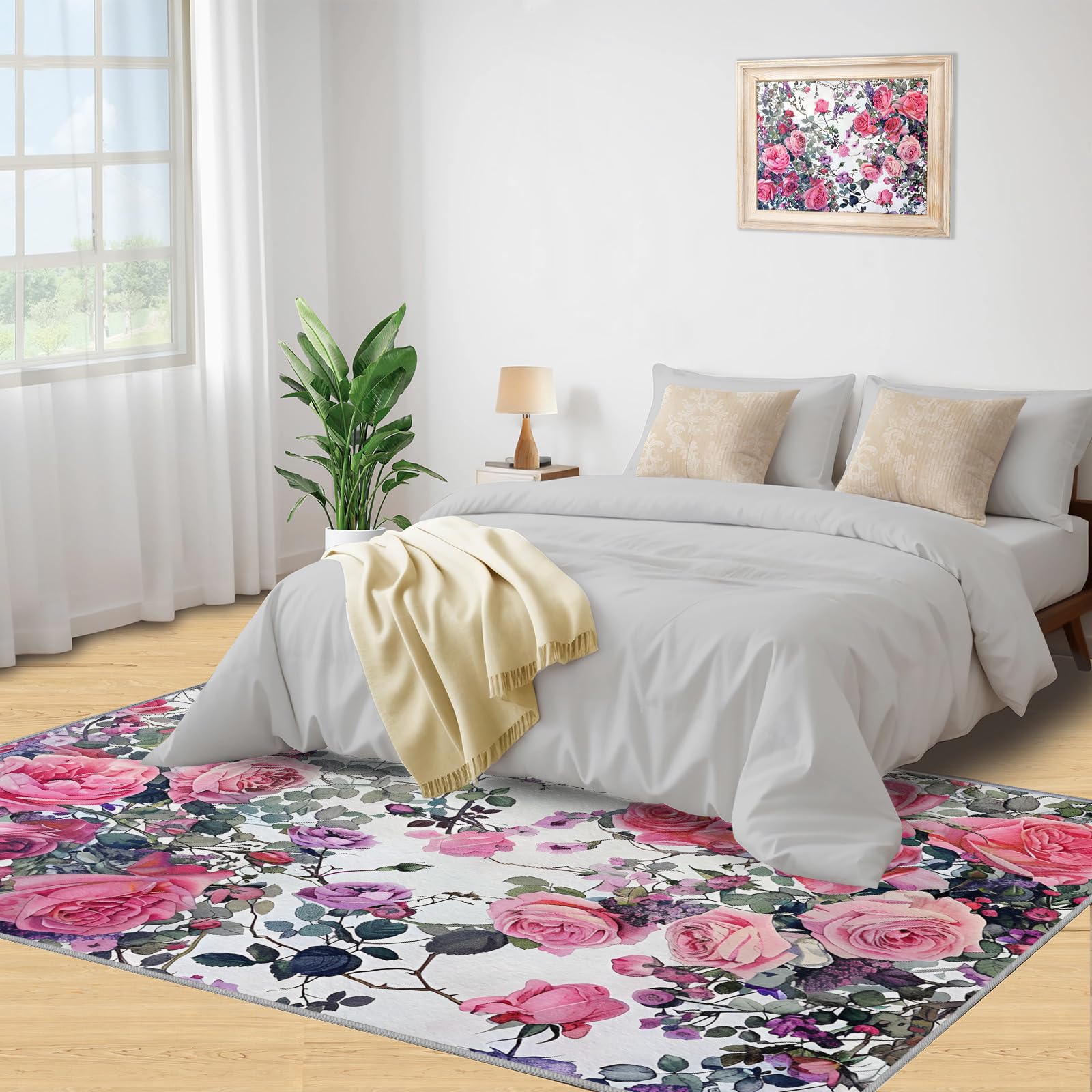 Blumen-Rosen-Teppiche für Mädchenzimmer, 120 x 170 cm, rutschfest, waschbar, Malerei, Frühlingsdesign, für Damen, weicher niedriger Flor, rosa Blumen, Teppich, Gartenstil