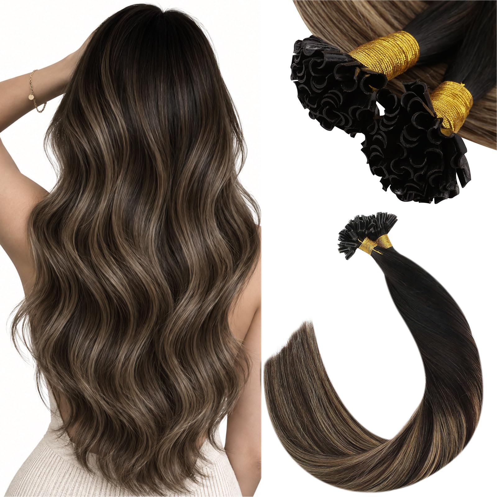 Ugeat Extension Cheveux Naturel Keratine Balayage Noir Brun 55 CM Extension Cheveux Keratine Humain Ombre Noir à Brun Foncé avec Blond Caramel 50g 50s 22 Pouces 1B-4-27
