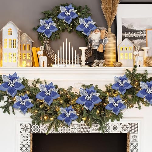 Vista 56 de Boao 24 Pieces Christmas Artificial Glitter Poinsettia Flowers Xmas Flowers Wedding Christmas Tree New Year Ornaments(Green)