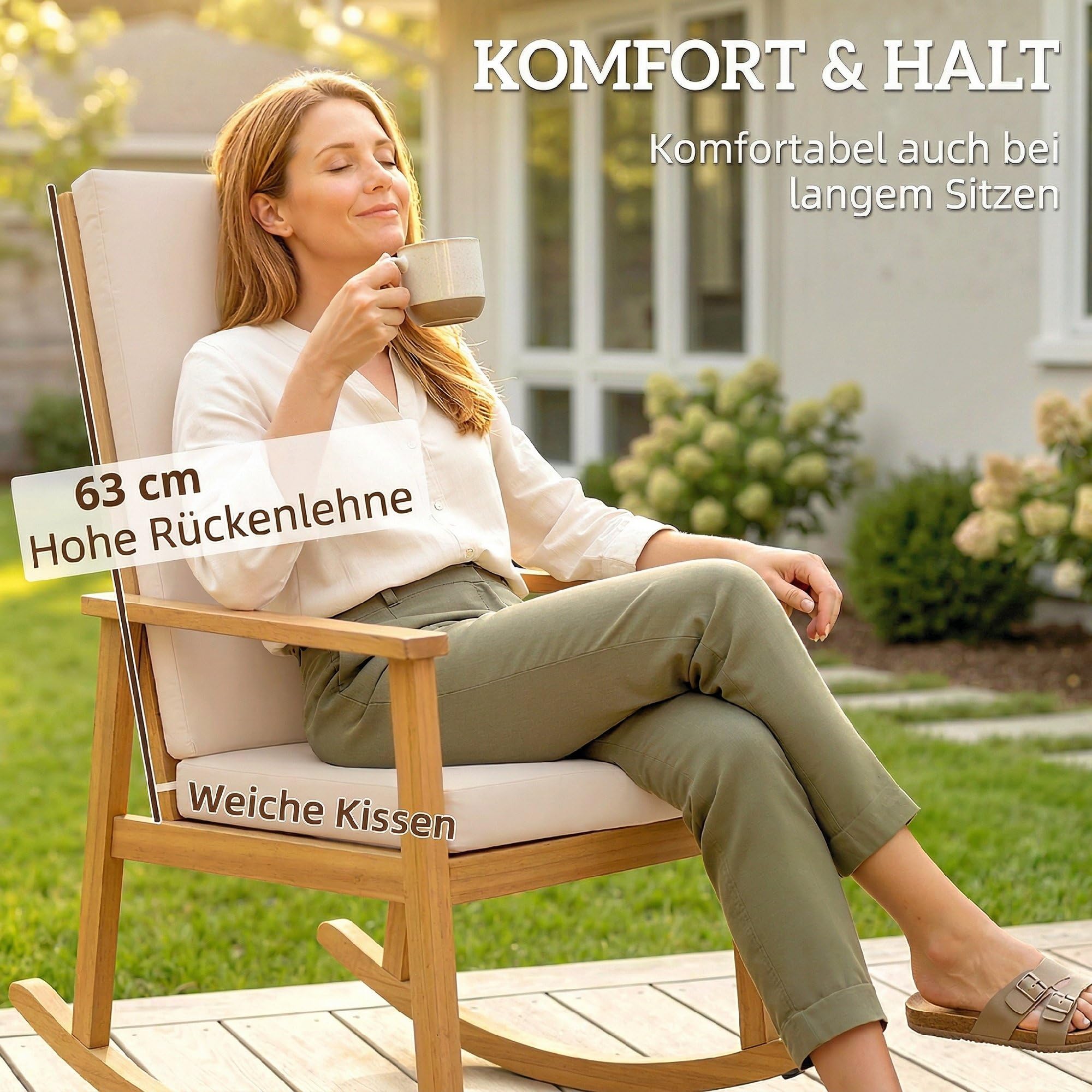 Outsunny Schaukelstuhl aus Akazienholz Schaukelsessel mit hoher Rückenlehne Kissen, Gartenstuhl bis 160 kg Outdoor Relaxstuhl Schwingsessel für Garten Balkon Hof Terrasse 60 x 89 x 107 cm Beige