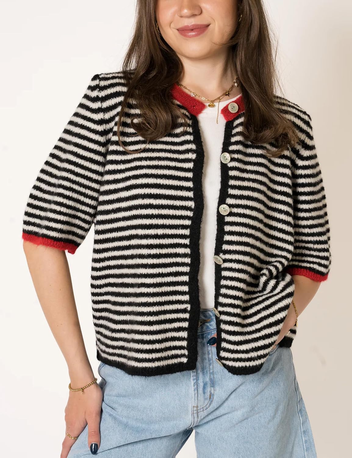 AMEBELLE Women's Lightweight Short Sleeve Cardigan Summer Casual Striped Knit Open Front Sweater - Image 5