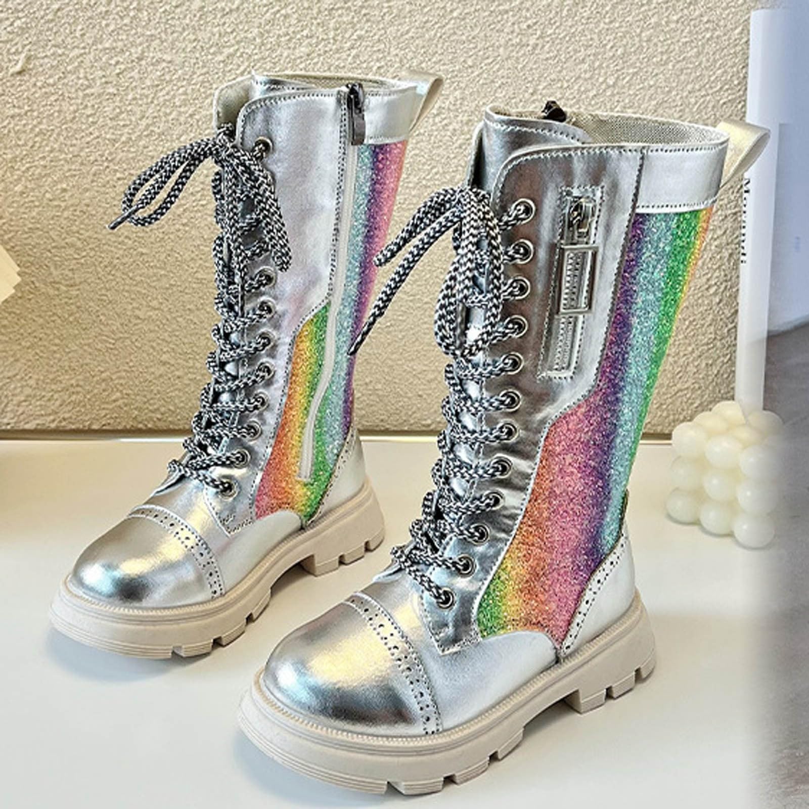 Regenbogenfarbene Pailletten Stiefel für Mädchen Schnürung Boot
