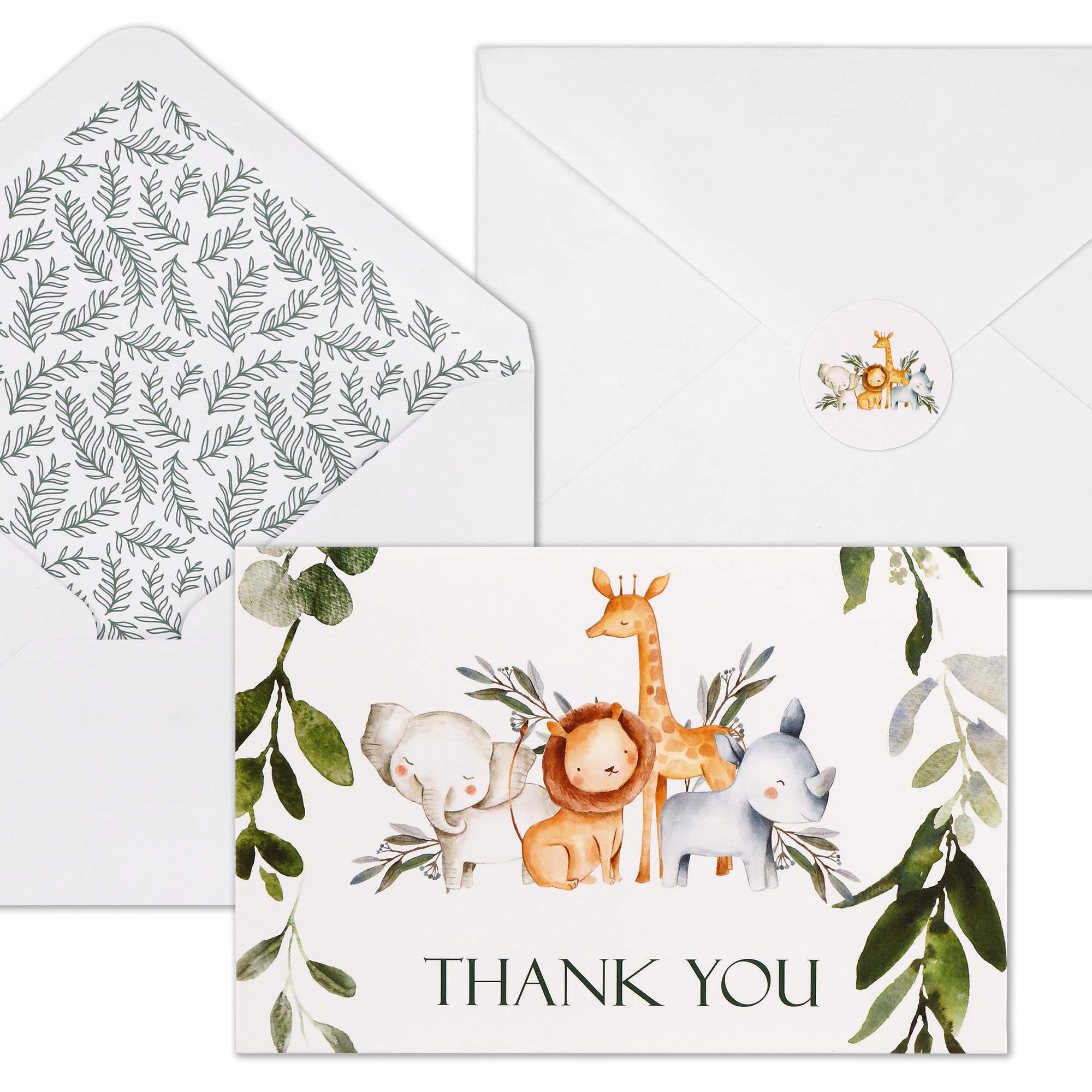 50 Pack Jungle Safari Greenery Thank You Cards, Cute Thank You Notes with Envelopes & Stickers, Baby Shower, Birthday any Occasion Large Size 4x6