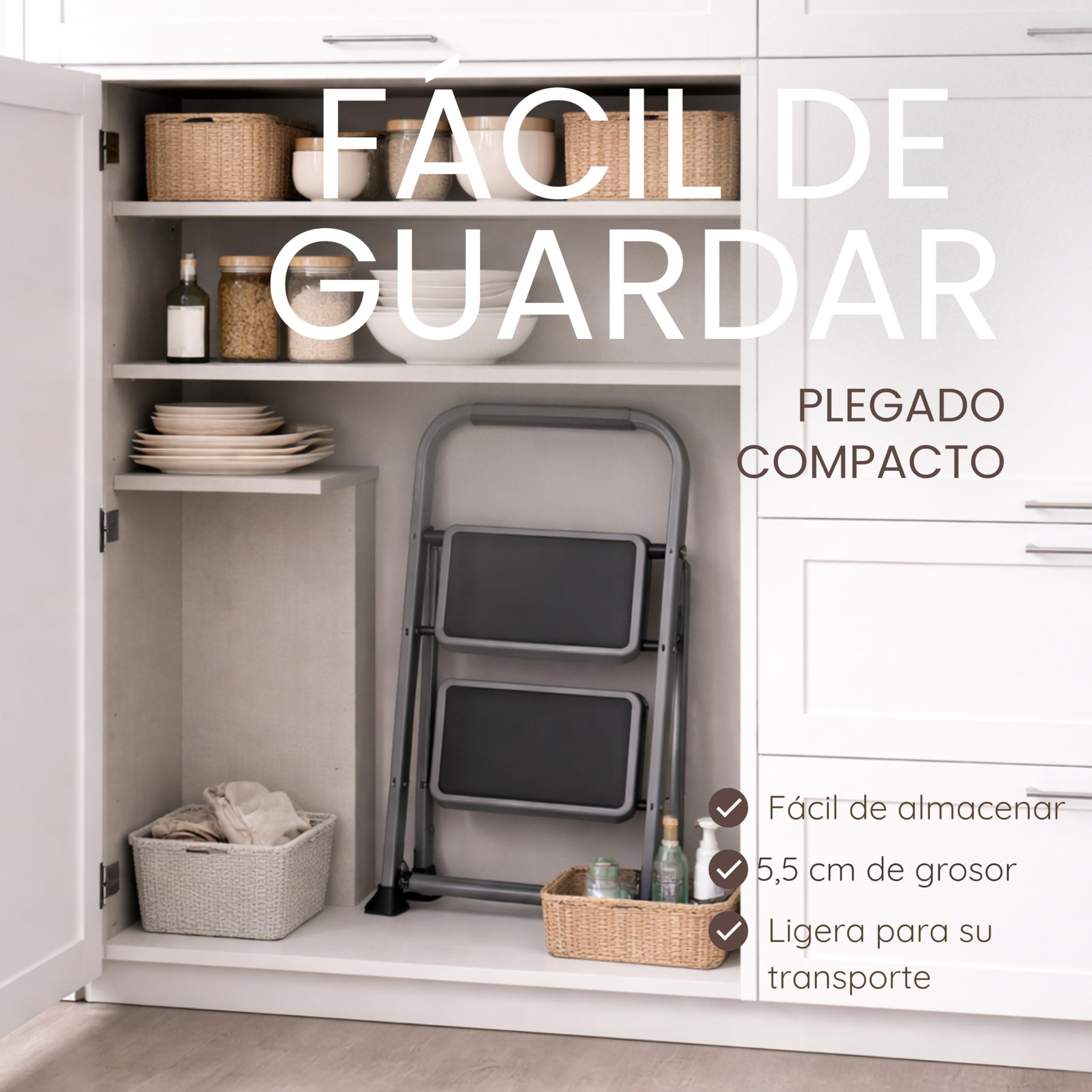 Escalera Plegable de Aluminio para hogar y Cocina, 2 peldaños, Gris, peldaños Anchos Antideslizantes, asa de Agarre cómodo, EN 131