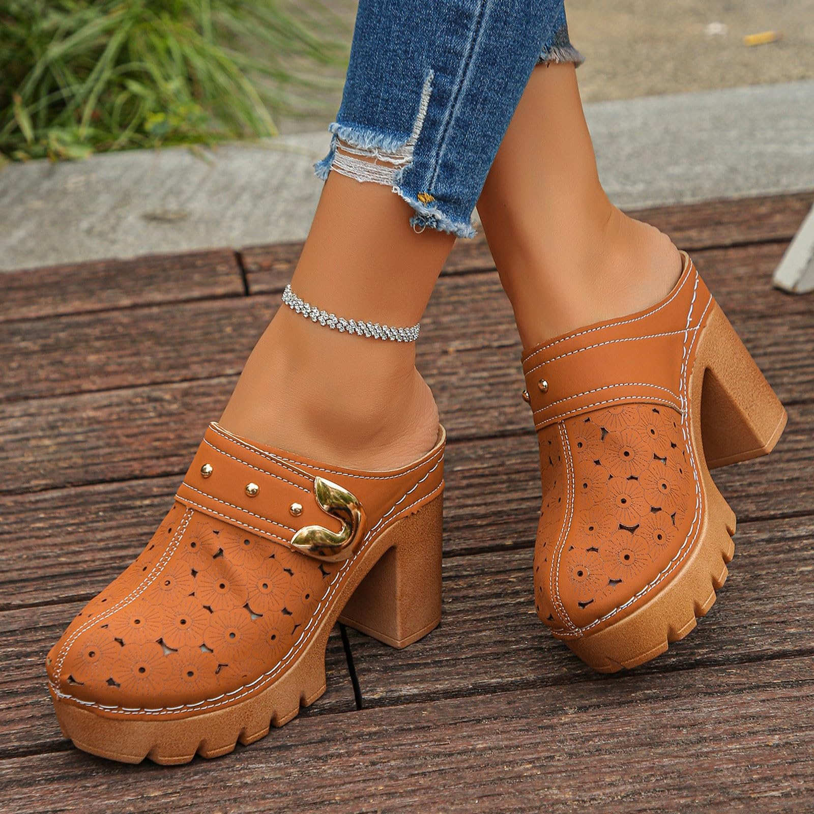 Scarpe Donna Tacco Pianta Larga Sandali Estivi Sandali estivi da donna con fibbie in metallo stile retrò con tacco spesso e stivaletti traforati Eleganti Bassi Scarpe Estive